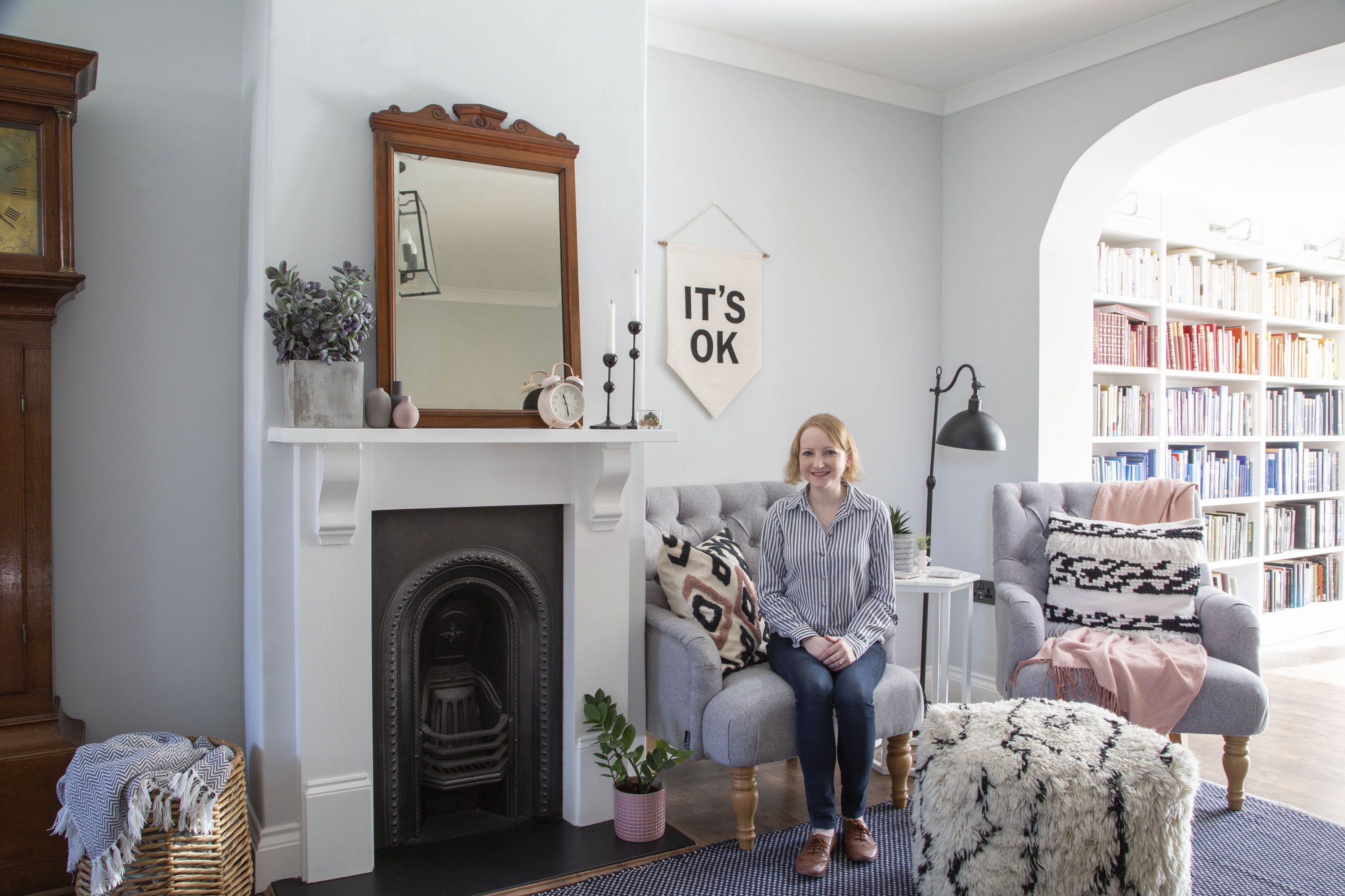 Craving a calm, cosy space, the couple chose muted hues for the living room, and accessorised with pastel pink and navy touches to add depth and link to the décor in the rest of the house Craving a calm, cosy space, the couple chose muted hues for the living room, and accessorised with pastel pink and navy touches to add depth and link to the décor in the rest of the house