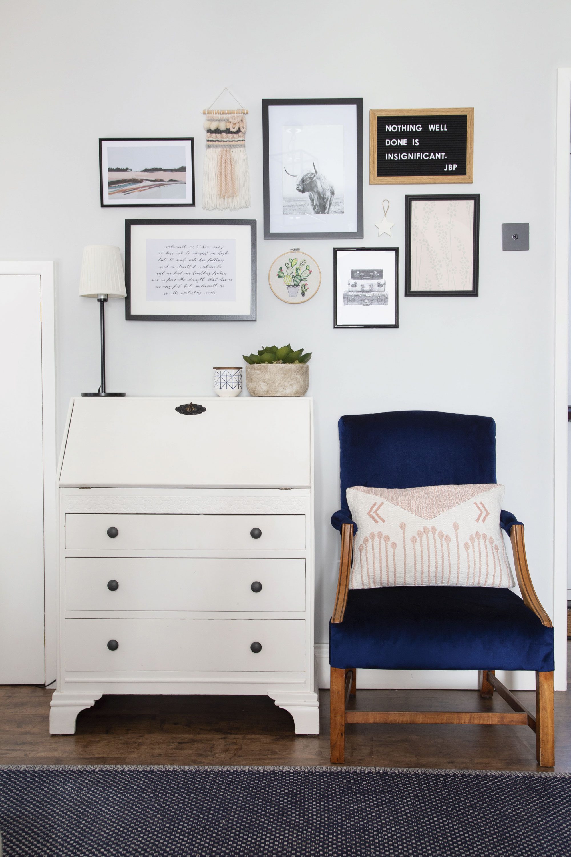 ‘The bureau was a second-hand buy from eBay that I upcycled with white paint, and the navy armchair was another eBay steal, which I reupholstered in velvet,’ Ruth says. ‘The latter was my first ever project – luckily it worked out alright’ ‘The bureau was a second-hand buy from eBay that I upcycled with white paint, and the navy armchair was another eBay steal, which I reupholstered in velvet,’ Ruth says. ‘The latter was my first ever project – luckily it worked out alright’