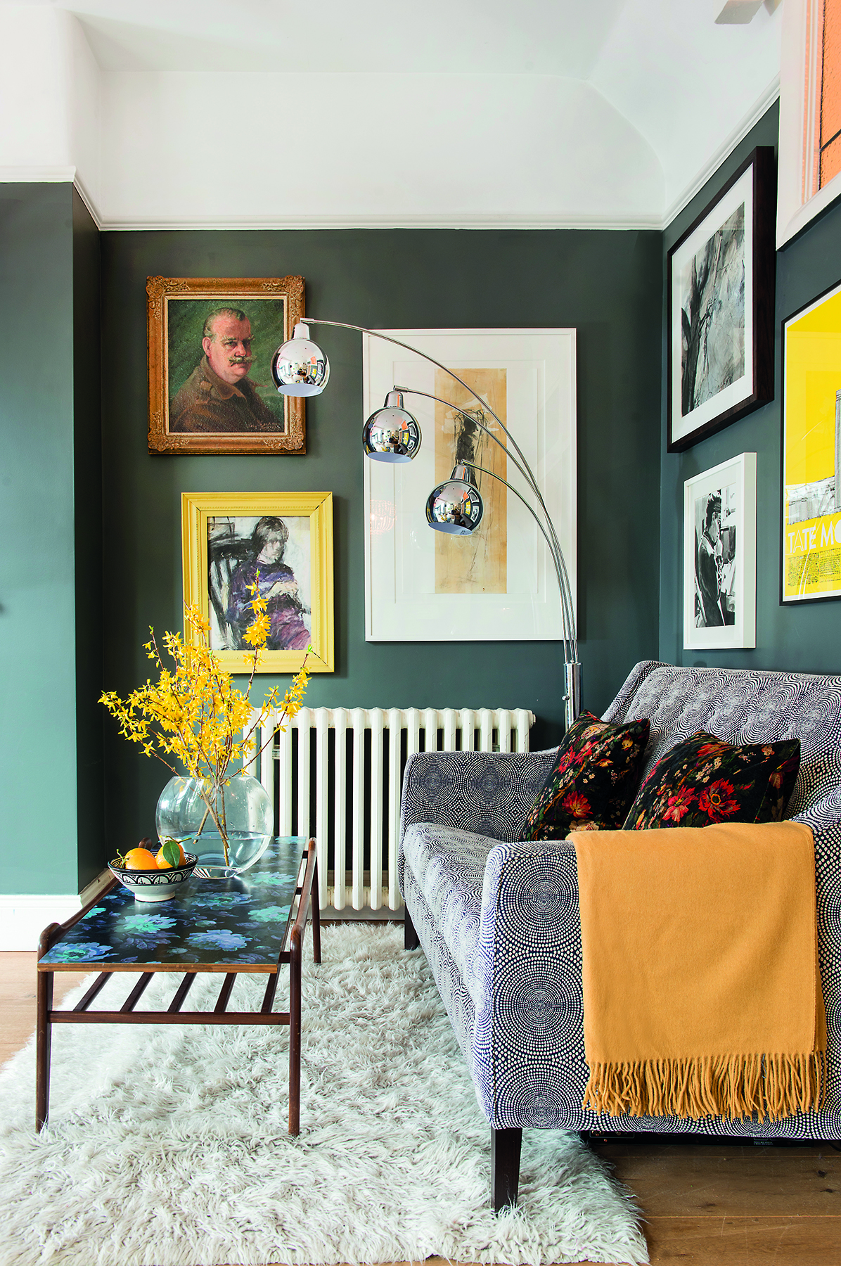 Colourful accessories brighten up the snug’s comfy grey sofa, which came from Sofa Workshop. The striking retro floor lamp – an original American design – was a great-value find at the local Southgate Auction Rooms