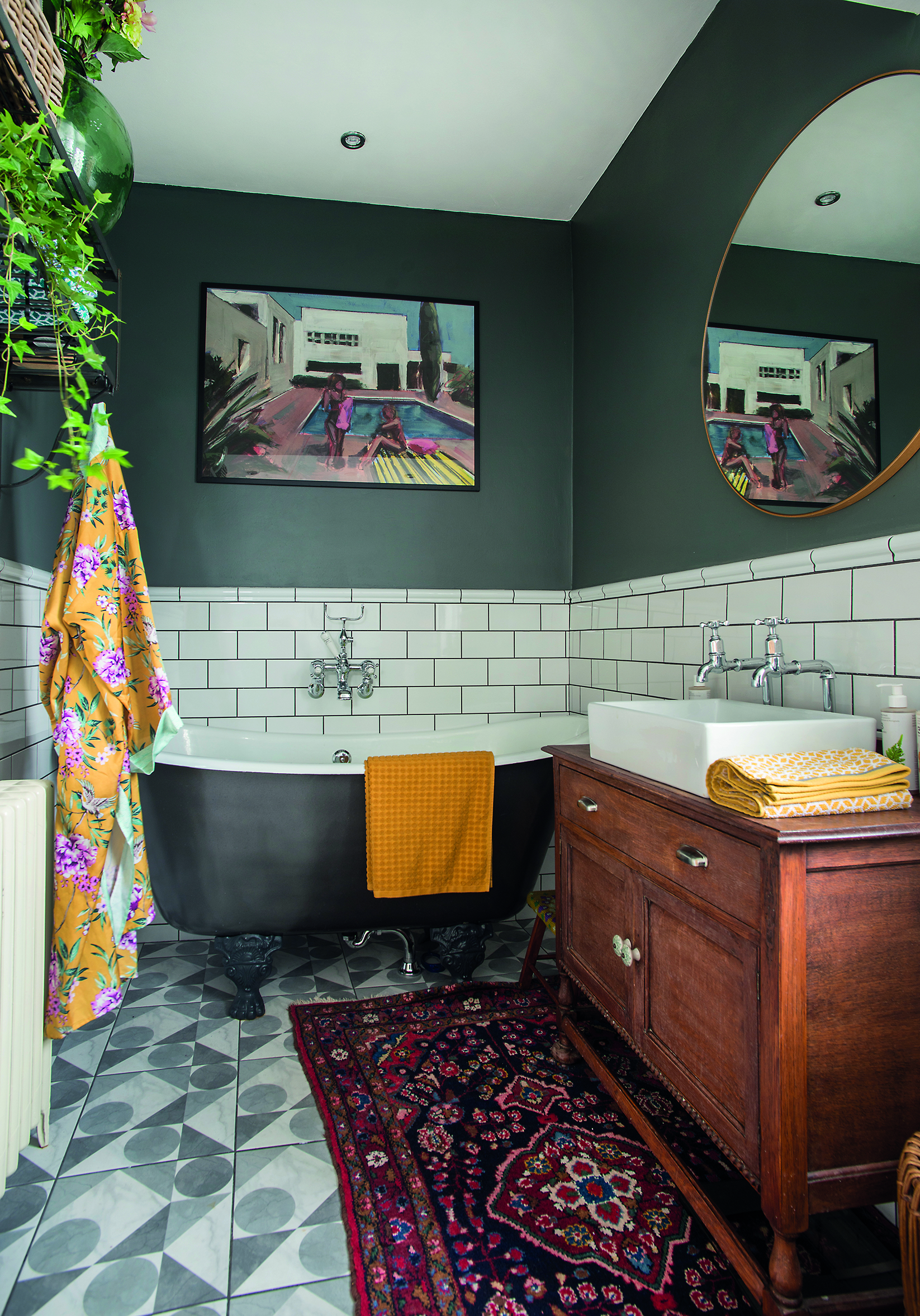 ‘I used Down Pipe from Farrow & Ball again in the bathroom and it makes a crisp contrast against the white wall tiles. I spent ages looking at floor tiles, before spotting these in Wickes. They weren’t expensive and I love the 1980s vibe’