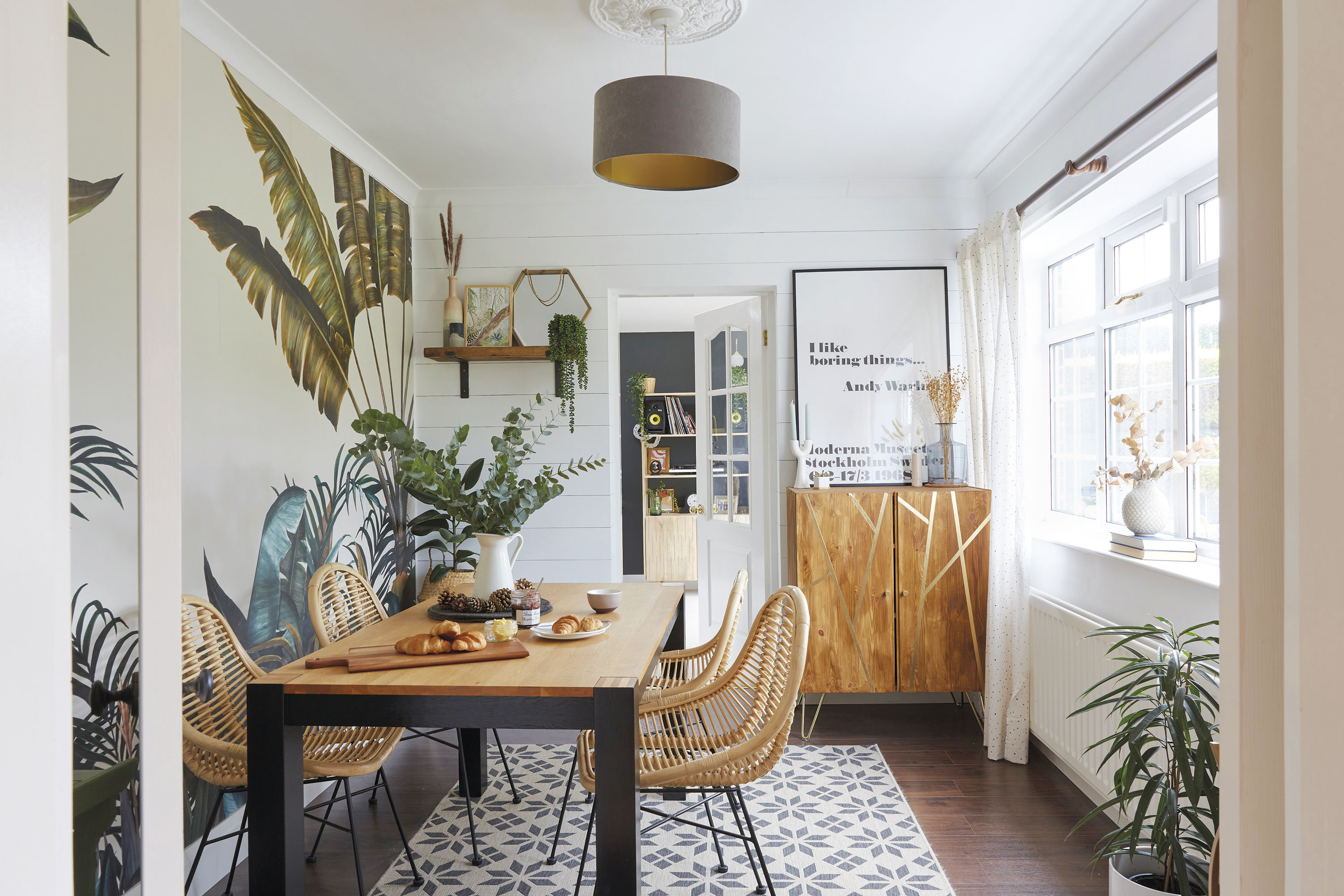 ‘I bought the table and chairs from Wayfair and they look fab against the tropical leaf mural, which is from Photowall. My aim was to create a focal point in here, which I think I have done’ ‘I bought the table and chairs from Wayfair and they look fab against the tropical leaf mural, which is from Photowall. My aim was to create a focal point in here, which I think I have done’