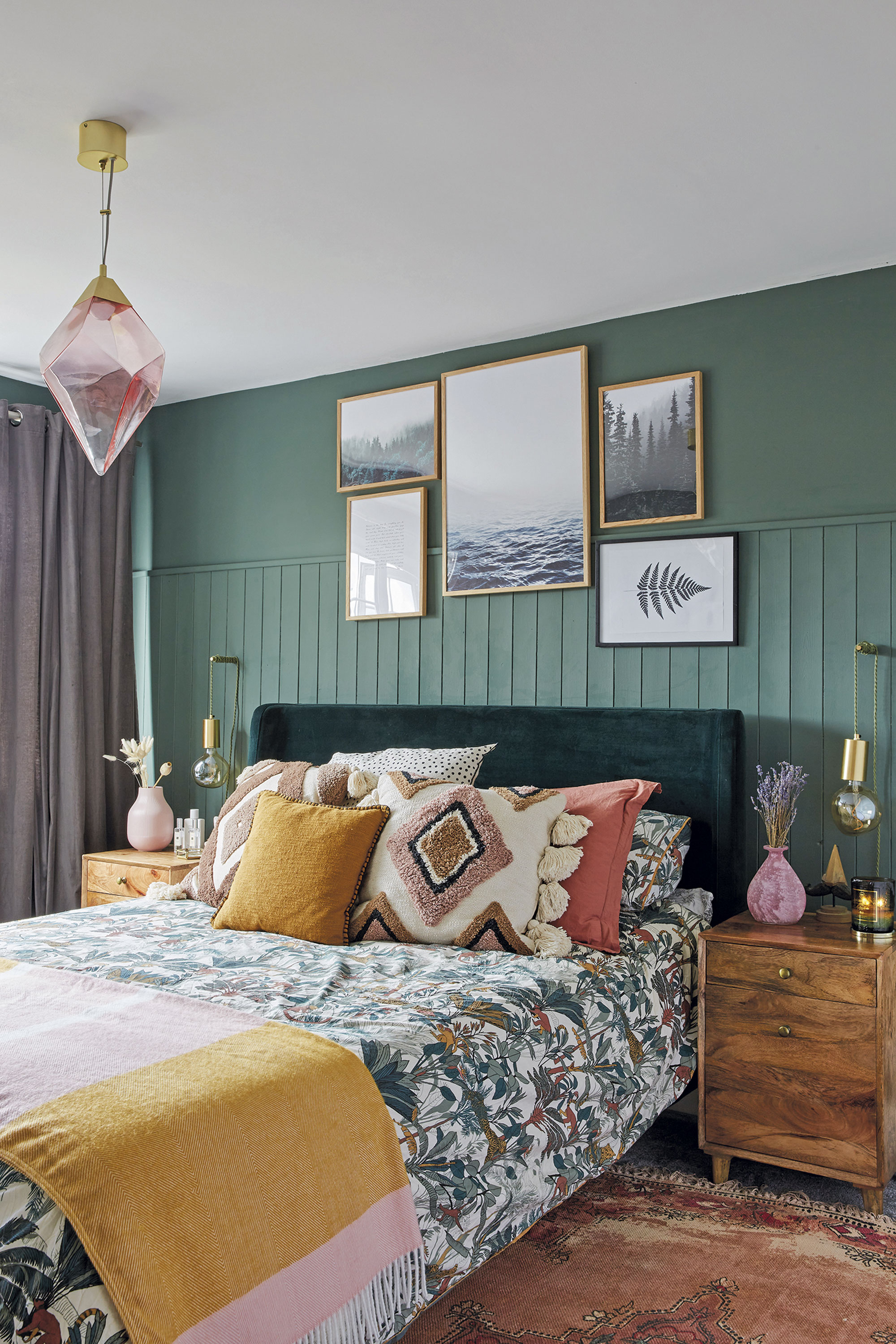‘I fell in love with this green shade called Ho Ho Green by Little Greene and knew I wanted to try it in our bedroom. We put in the panelling before and left the wardrobe white to add balance. I didn’t want it to feel gloomy so chose brightly patterned bedding and cushions from La Redoute’ ‘I fell in love with this green shade called Ho Ho Green by Little Greene and knew I wanted to try it in our bedroom. We put in the panelling before and left the wardrobe white to add balance. I didn’t want it to feel gloomy so chose brightly patterned bedding and cushions from La Redoute’