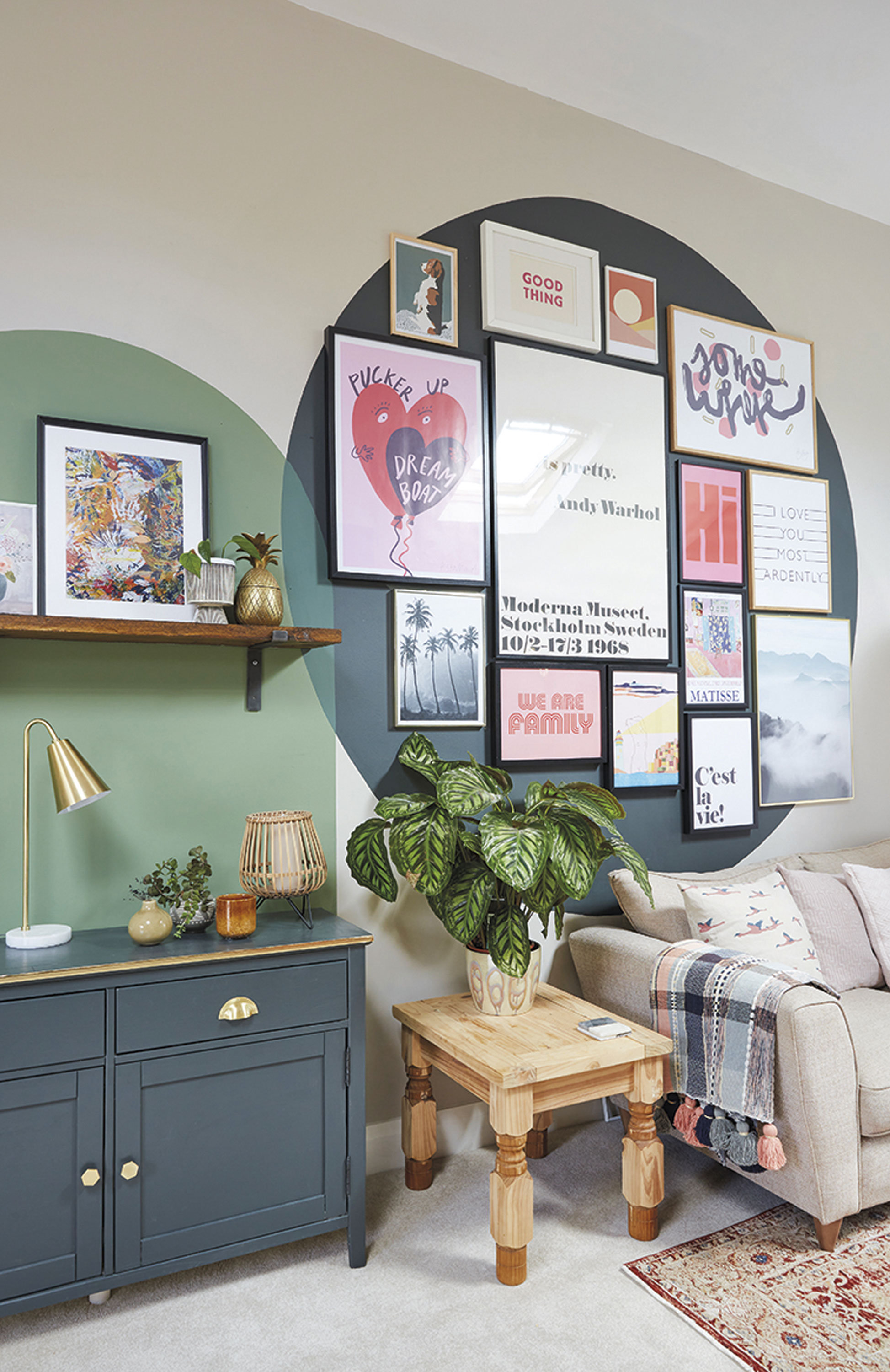 ‘I wanted to create a feature area where I could hang my favourite prints, and as I love painting so much, I decided to do one big circle and one half circle, well kind of! They slightly overlap which I like and although they were hard to do, I love the fact they are bold and different’ ‘I wanted to create a feature area where I could hang my favourite prints, and as I love painting so much, I decided to do one big circle and one half circle, well kind of! They slightly overlap which I like and although they were hard to do, I love the fact they are bold and different’