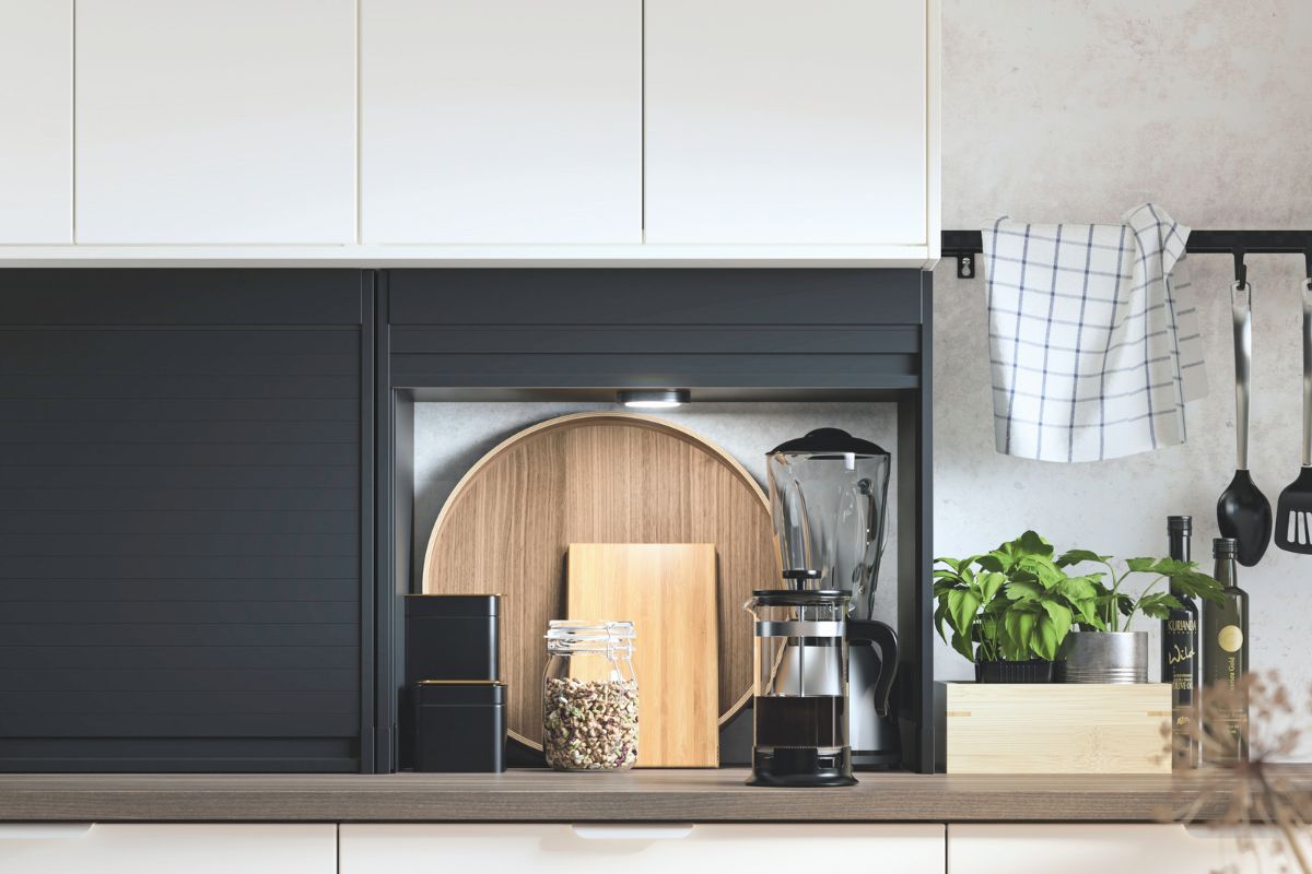 Black storage section in a kitchen