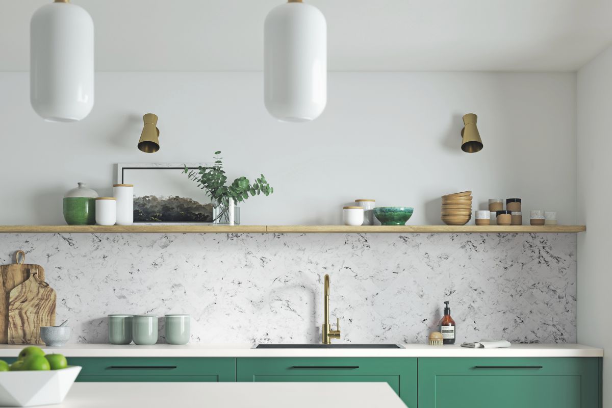 Kitchen with green worktop