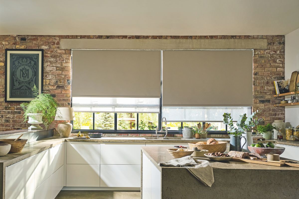 Kitchen with blinds down