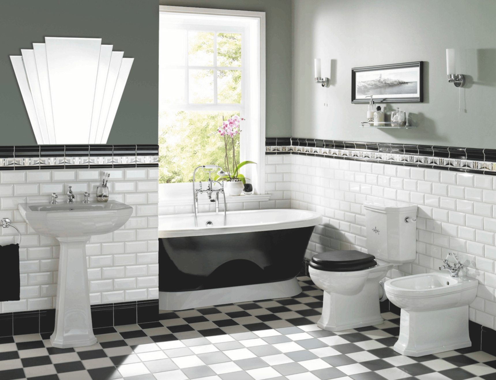 Feel like you’ve just stepped into Jay Gatsby’s bathroom, thanks to the smooth lines of these Metro bevelled wall tiles in Brilliant White, £1.08 each, complemented by the Manhattan border tile, £8.25 each, both by Original Style