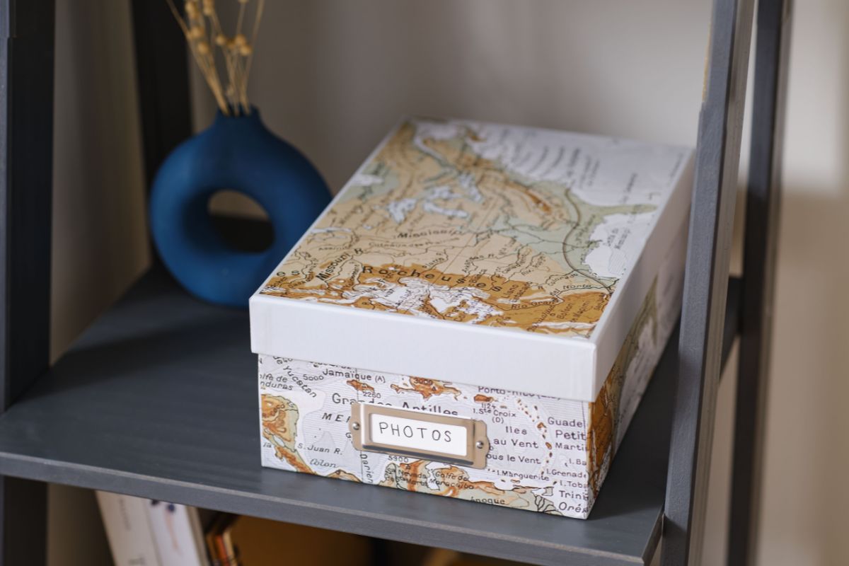 Storage box with map design that says 'photos' on the front 