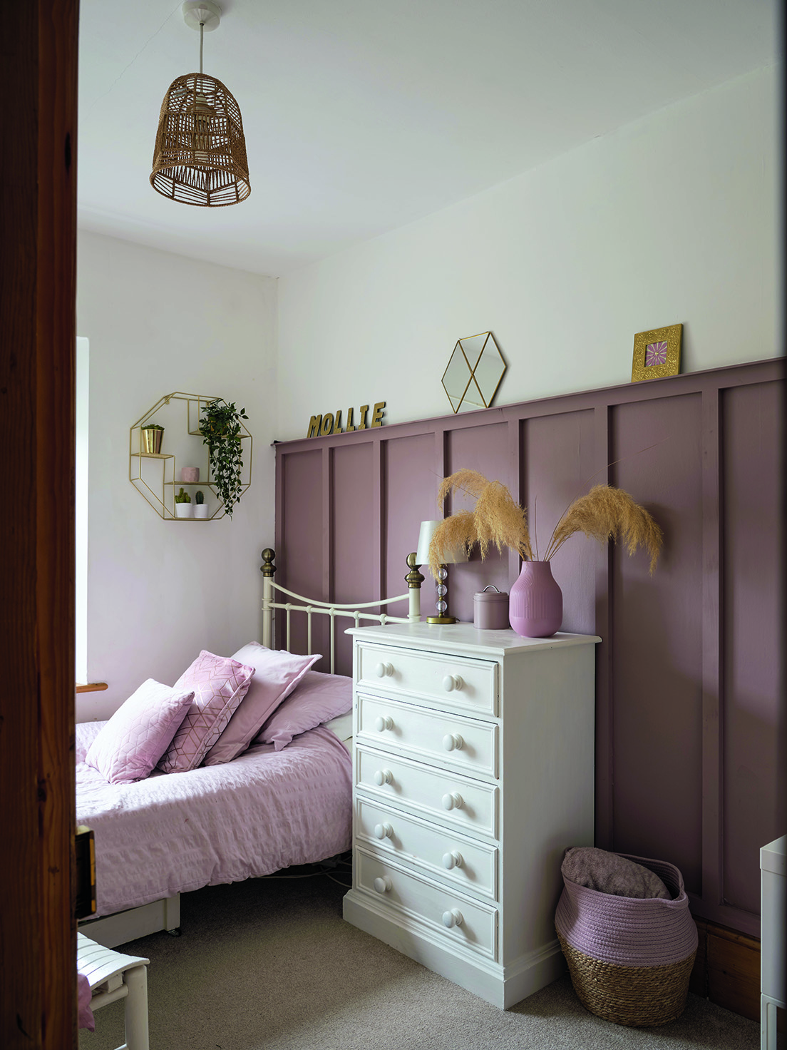 Ali has paired DIY panelling with geometric accessories in her daughter’s bedroom to make it youthful and trendy, yet in keeping with the classic look of the house Ali has paired DIY panelling with geometric accessories in her daughter’s bedroom to make it youthful and trendy, yet in keeping with the classic look of the house