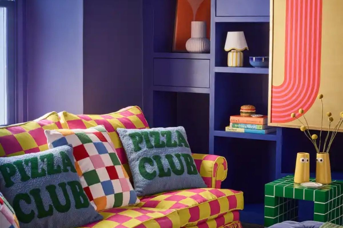 A lounge with colourful objects