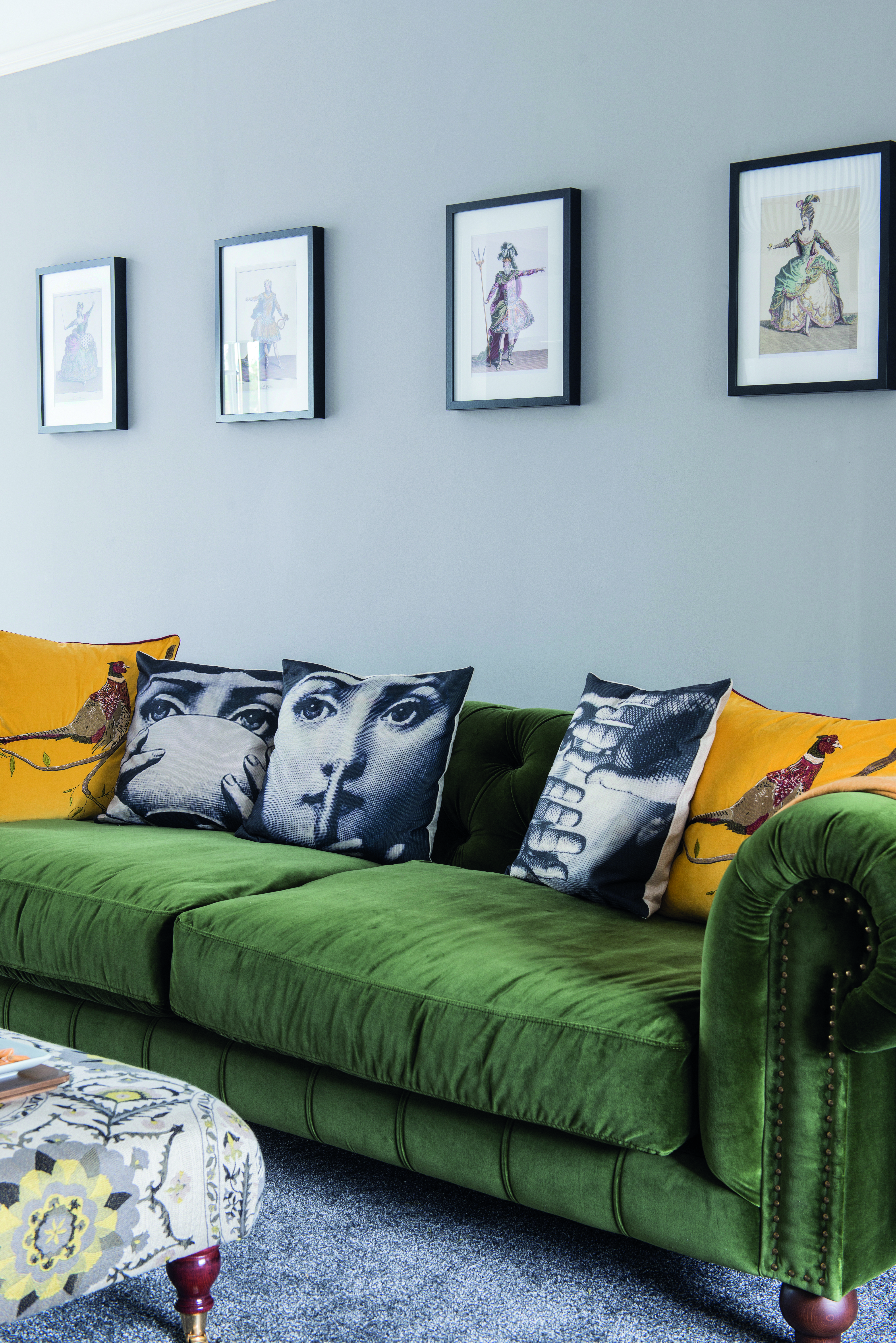 Debra searched carefully to find the pictures of famous opera costumes to frame and for cushions by the artist, Fornasetti, whose designs inspired the wallpaper Debra searched carefully to find the pictures of famous opera costumes to frame and for cushions by the artist, Fornasetti, whose designs inspired the wallpaper