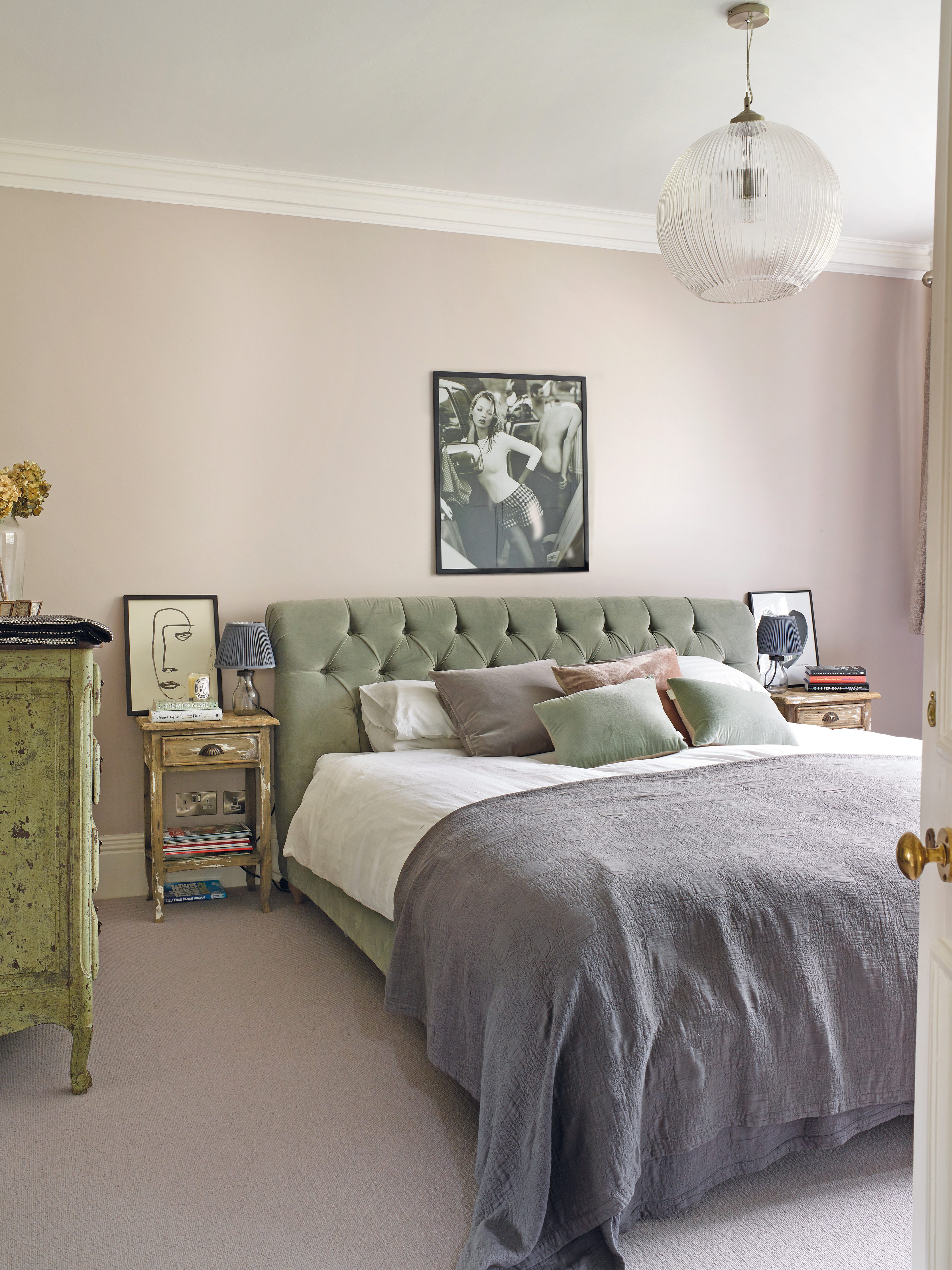 A pair of vintage bedside tables (£50 at a local antique market) sit either side of the sumptuous Dozer bed that’s dressed with velvet and linen cushions and a Nassau throw from Soho Home. Over the bed hangs a picture of Kate Moss by Mario Testino from East Urban Home at Wayfair A pair of vintage bedside tables (£50 at a local antique market) sit either side of the sumptuous Dozer bed that’s dressed with velvet and linen cushions and a Nassau throw from Soho Home. Over the bed hangs a picture of Kate Moss by Mario Testino from East Urban Home at Wayfair
