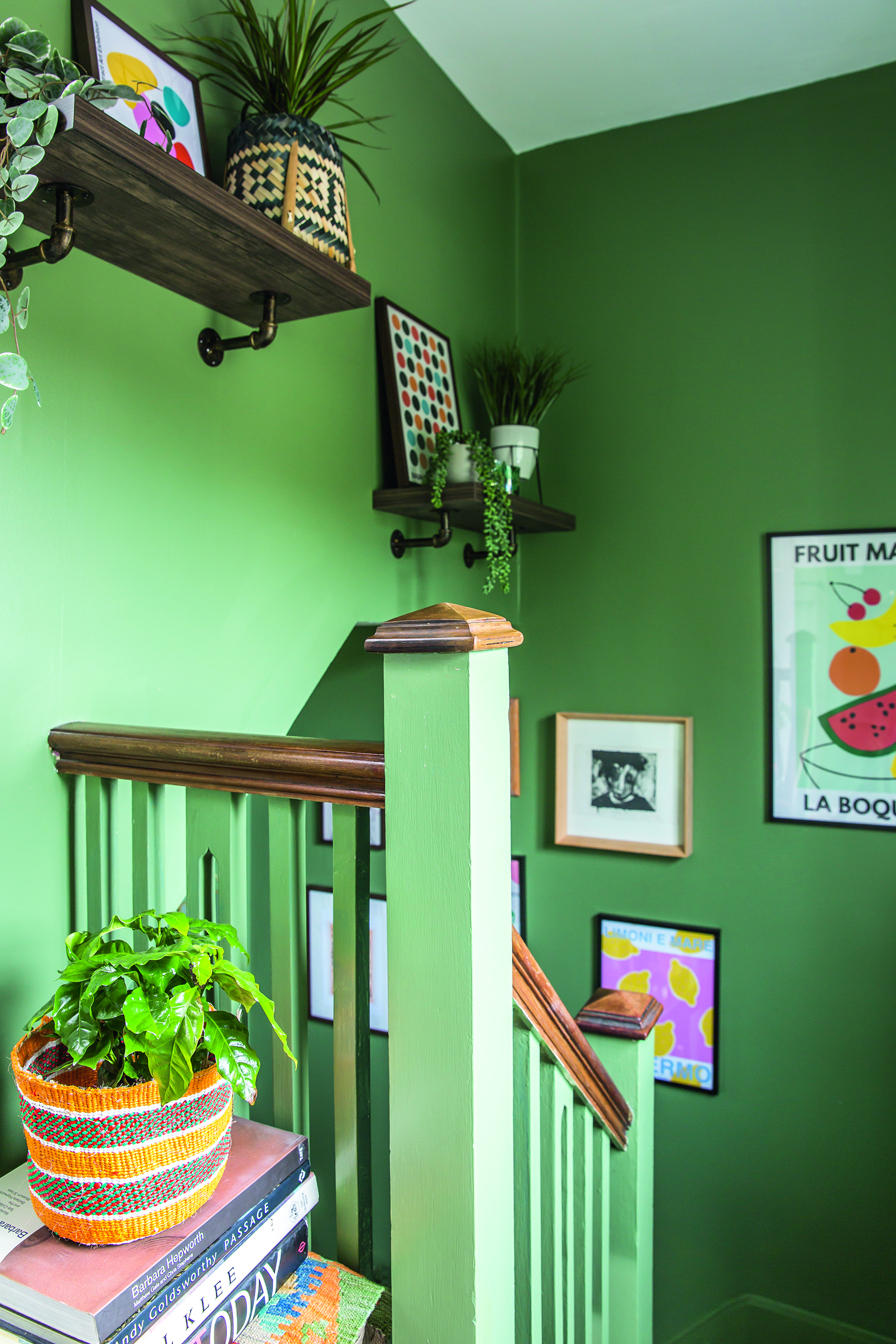 green hallway artwork