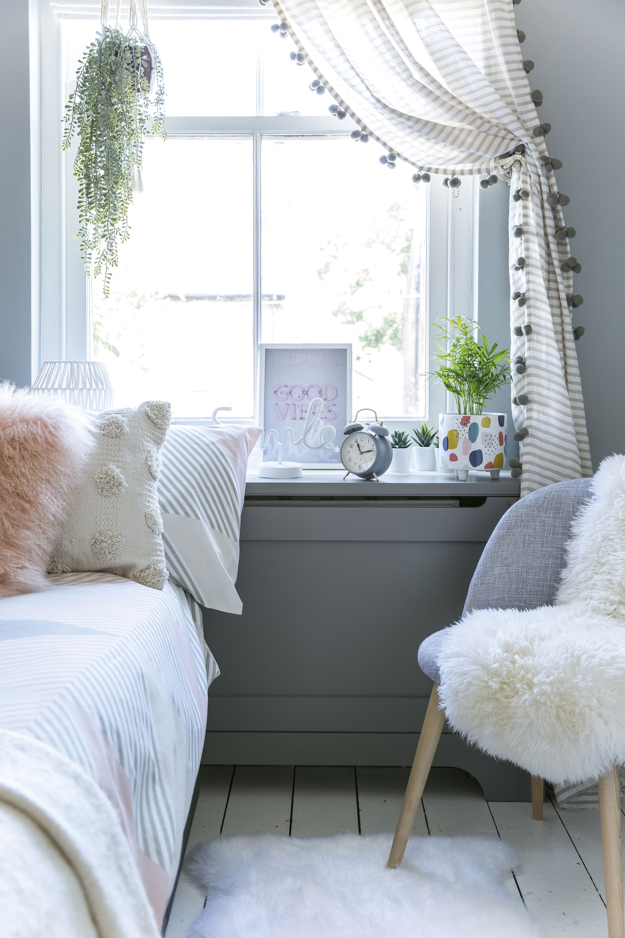 Now that a black-out blind has been fitted, Marilena can make the most of weekend lie-ins, and the pompom-trimmed curtain panel adds a pretty touch Now that a black-out blind has been fitted, Marilena can make the most of weekend lie-ins, and the pompom-trimmed curtain panel adds a pretty touch