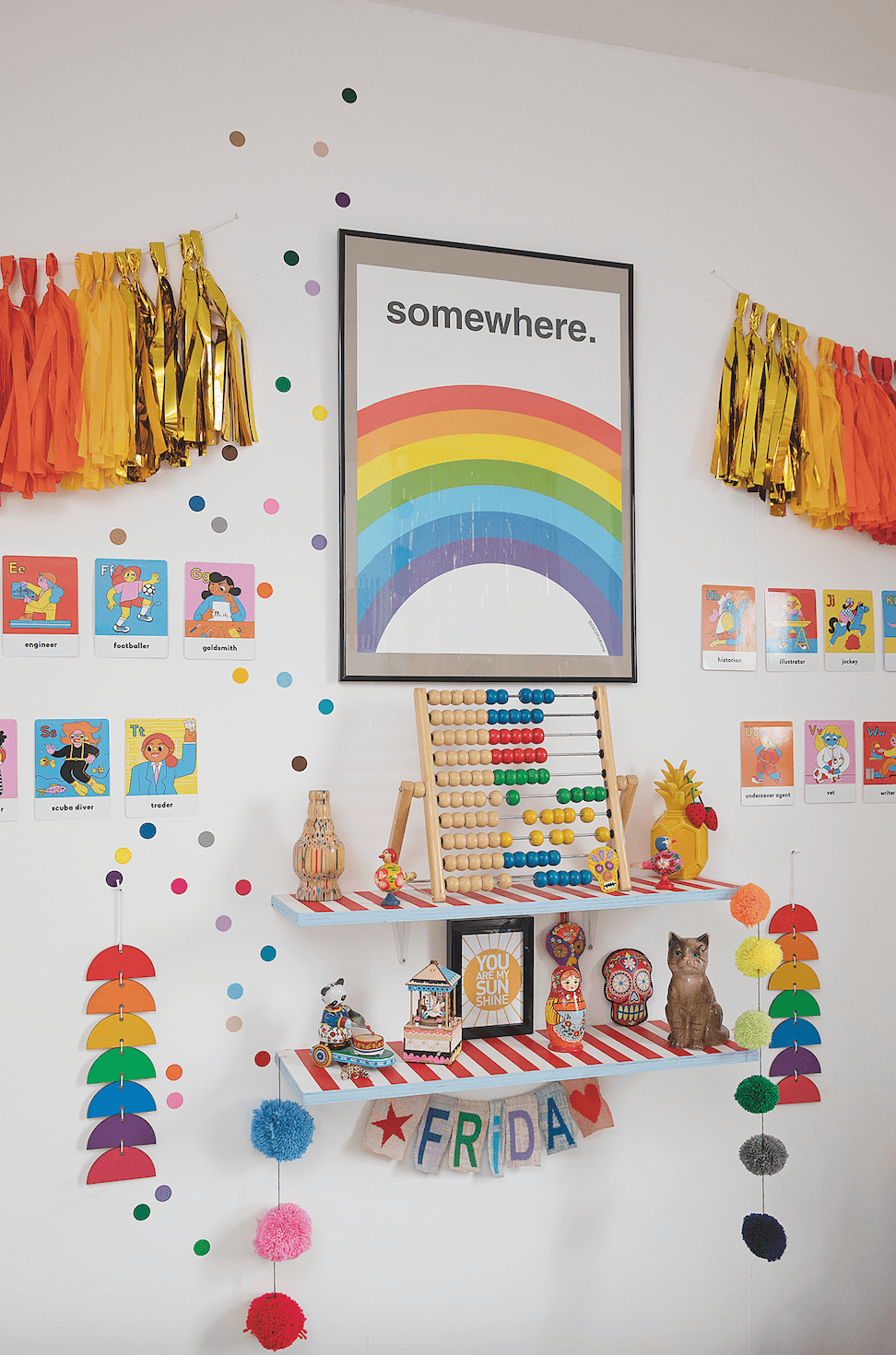 Shelves made from offcuts of plywood were painted in the same stripe design as the other furniture. The Rainbow print above them by Kii Arens has special meaning for Suzy as Frida was a rainbow baby Bedroom makeover: 'Getting creative on a budget is my passion'