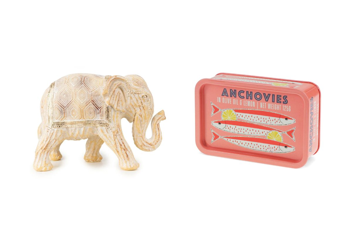 Anchovies mini storage tin and wood elephant ornament