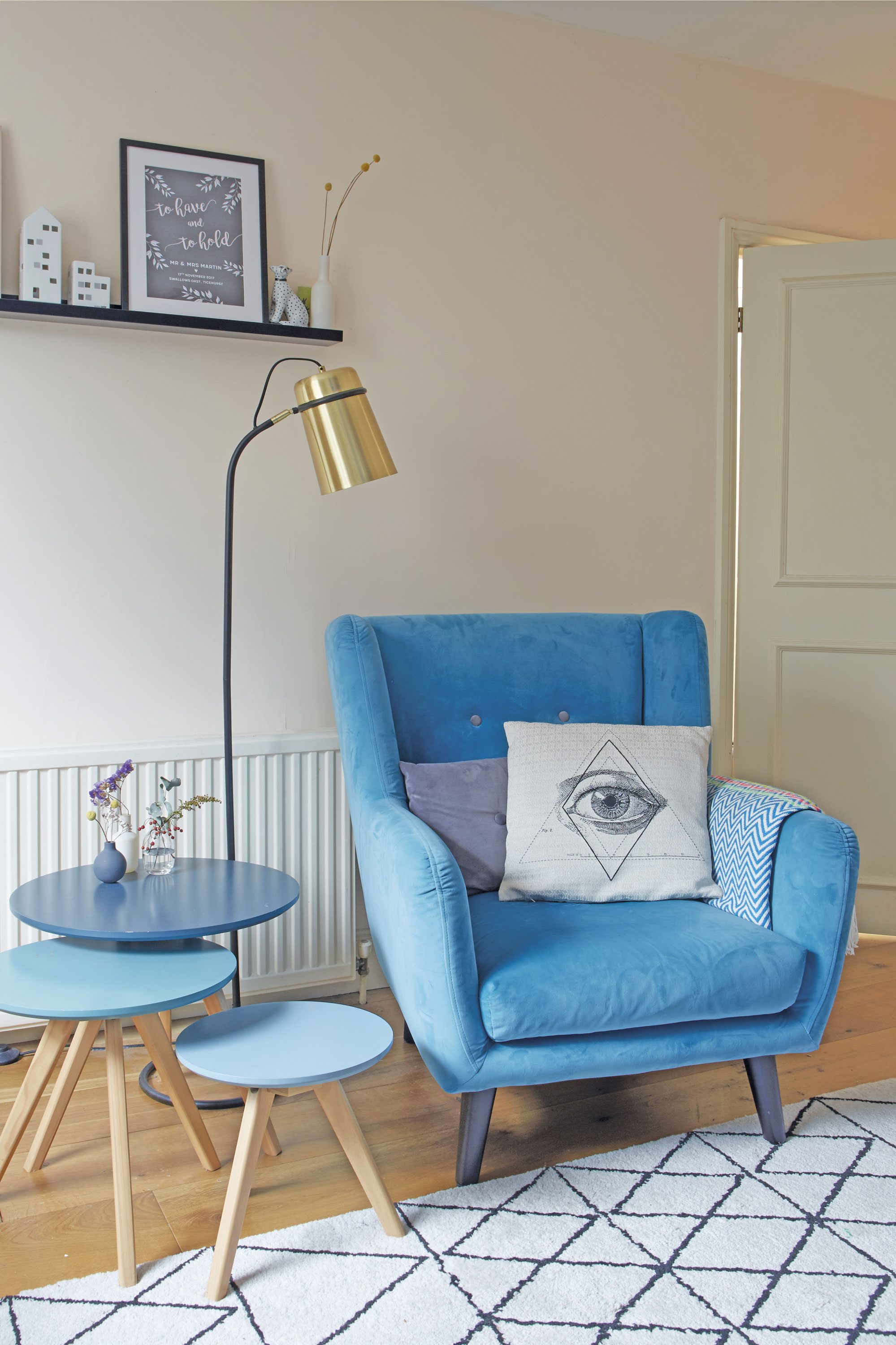Emily’s love of blue continues with a nest of tables from Made.com and a turquoise armchair. ‘After purchasing our grey sofabed, we knew we could go a little wild with our choice of armchair. We visited Sofology to test out a few and this one ticked all the boxes – bright, velvet and comfy’ Emily’s love of blue continues with a nest of tables from Made.com and a turquoise armchair. ‘After purchasing our grey sofabed, we knew we could go a little wild with our choice of armchair. We visited Sofology to test out a few and this one ticked all the boxes – bright, velvet and comfy’