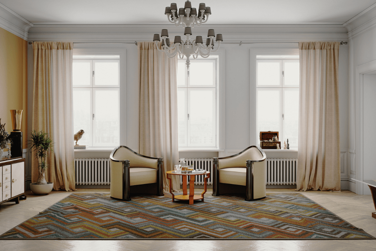 Digitally generated bright executive lounge interior with two cream armchairs facing each other across a small coffee table, framed by tall windows and soft beige curtains. A bold chevron rug, classic chandelier, sideboard and vintage gramophone create an upscale retro atmosphere perfect for relaxed business meetings or hotel hospitality.