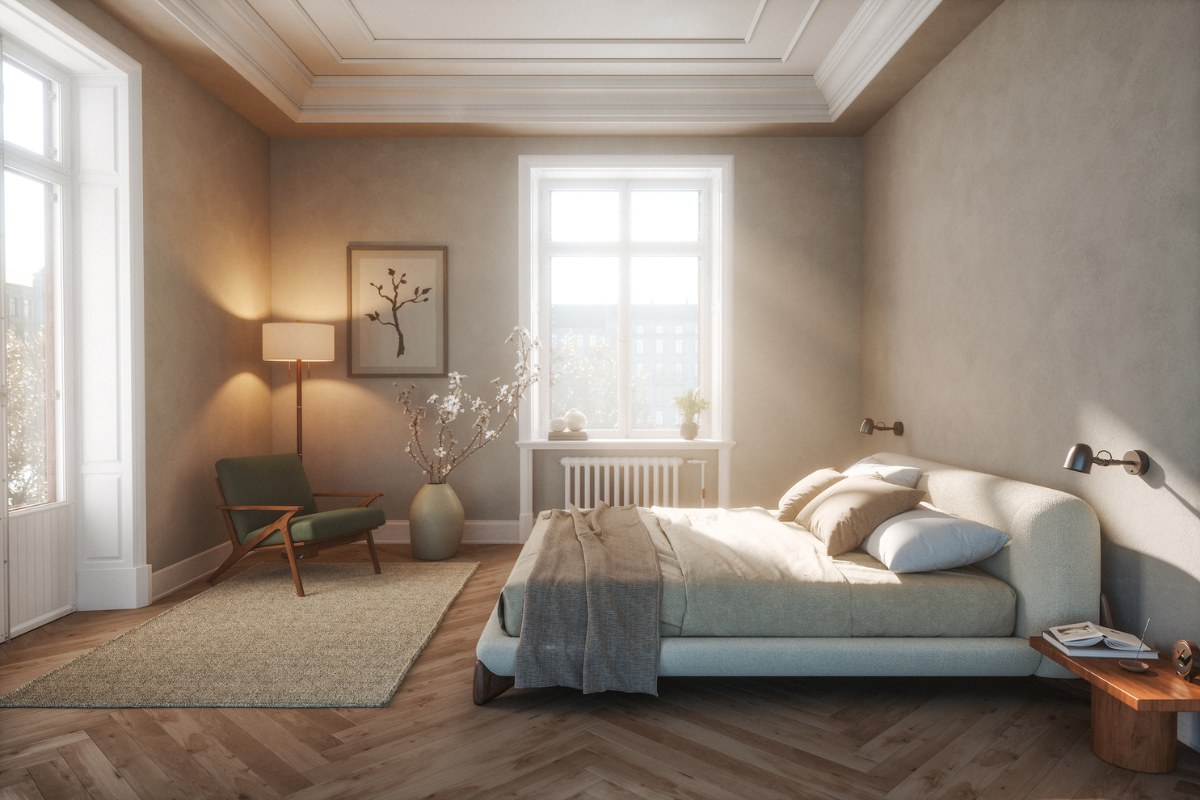 Minimalist Japandi bedroom featuring herringbone parquet flooring, coffered ceiling with crown molding, upholstered platform bed in soft mint, and golden sunlight streaming through tall windows.