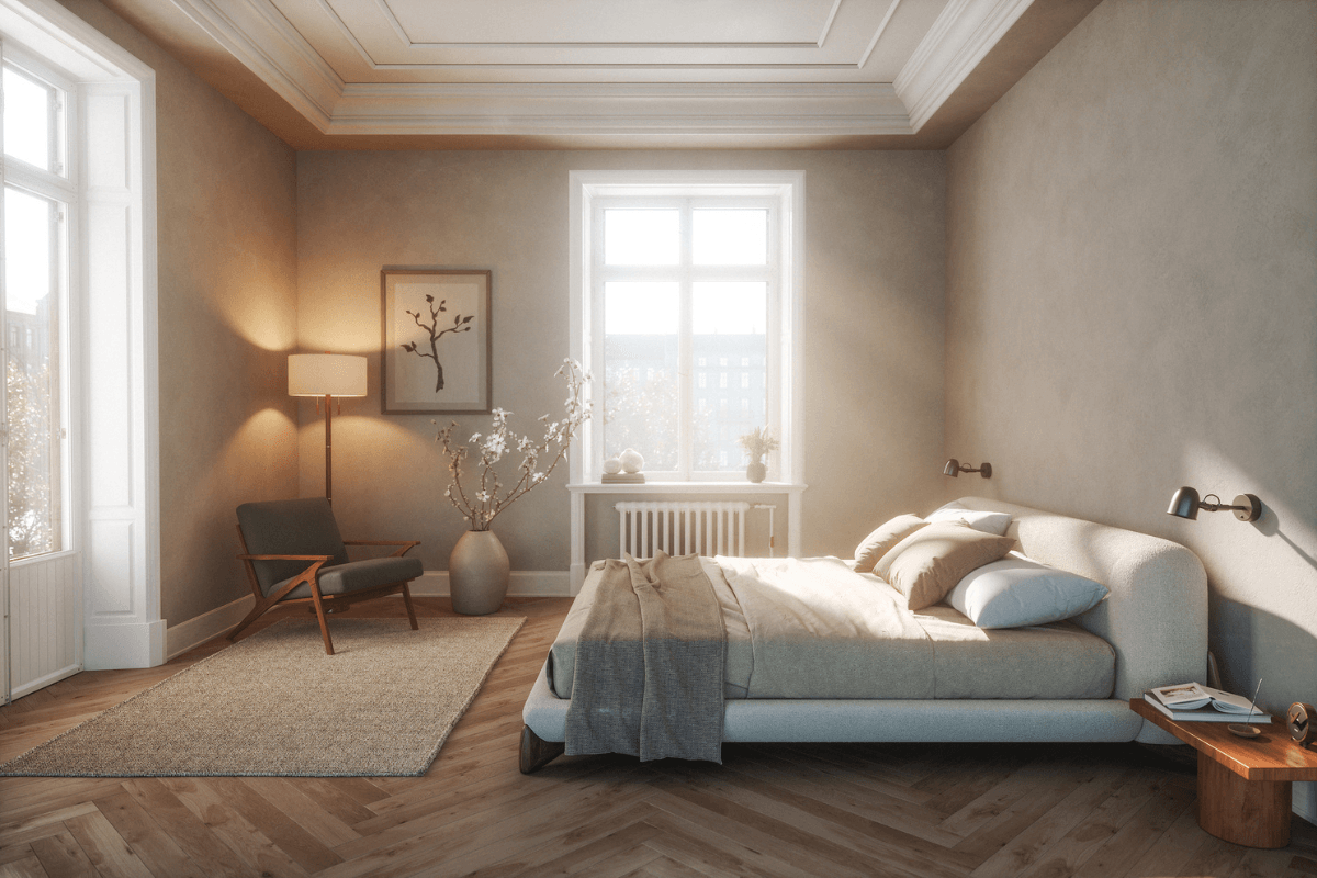 Minimalist Japandi bedroom featuring herringbone parquet flooring, coffered ceiling with crown molding, upholstered platform bed in soft mint, and golden sunlight streaming through tall windows.