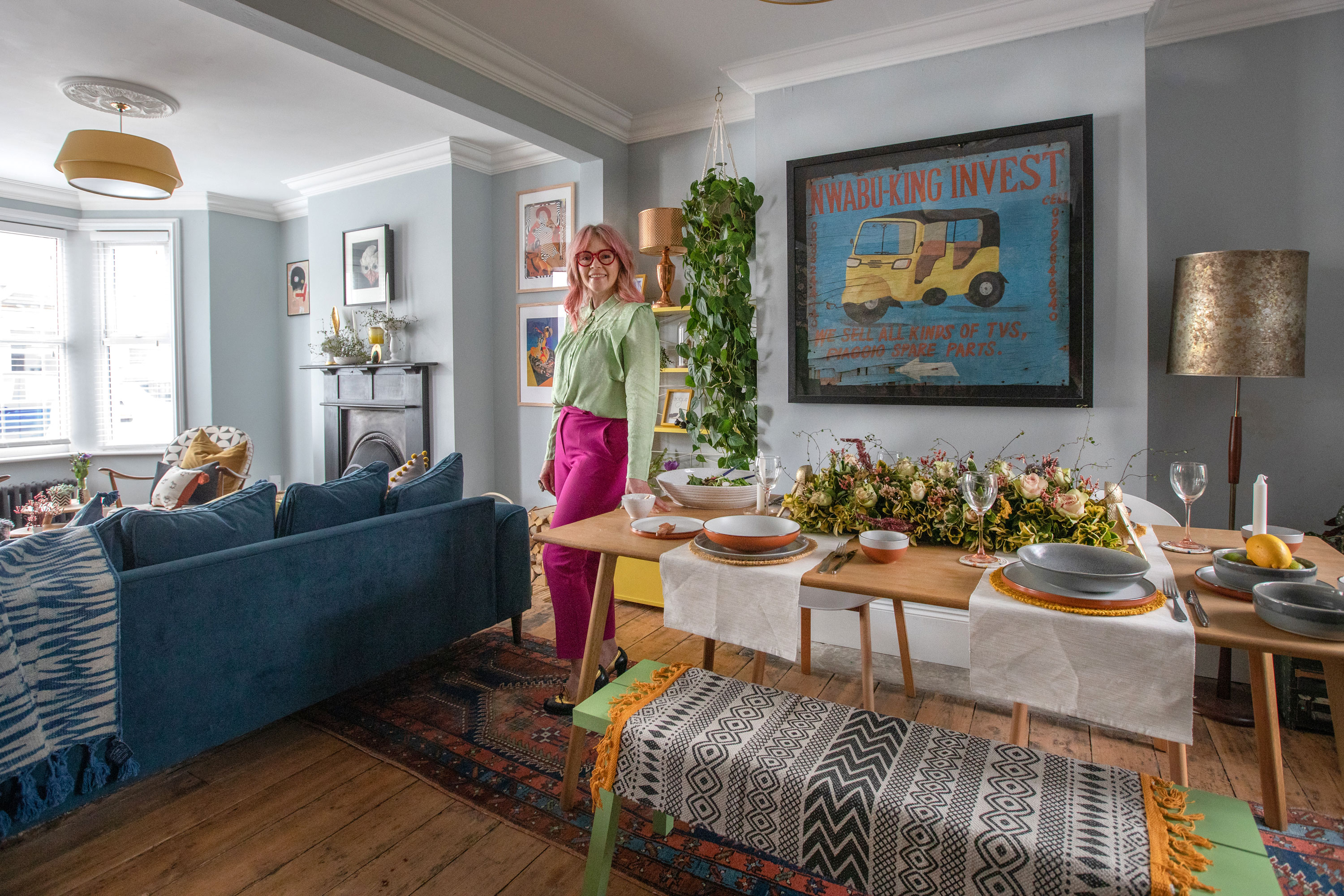 'Renovating gave us a blank canvas for our colourful, creative home' In the dining area, Carey has chosen a similar rug design as the one in the living room but in a different colourway to create two distinct, yet connected, spaces