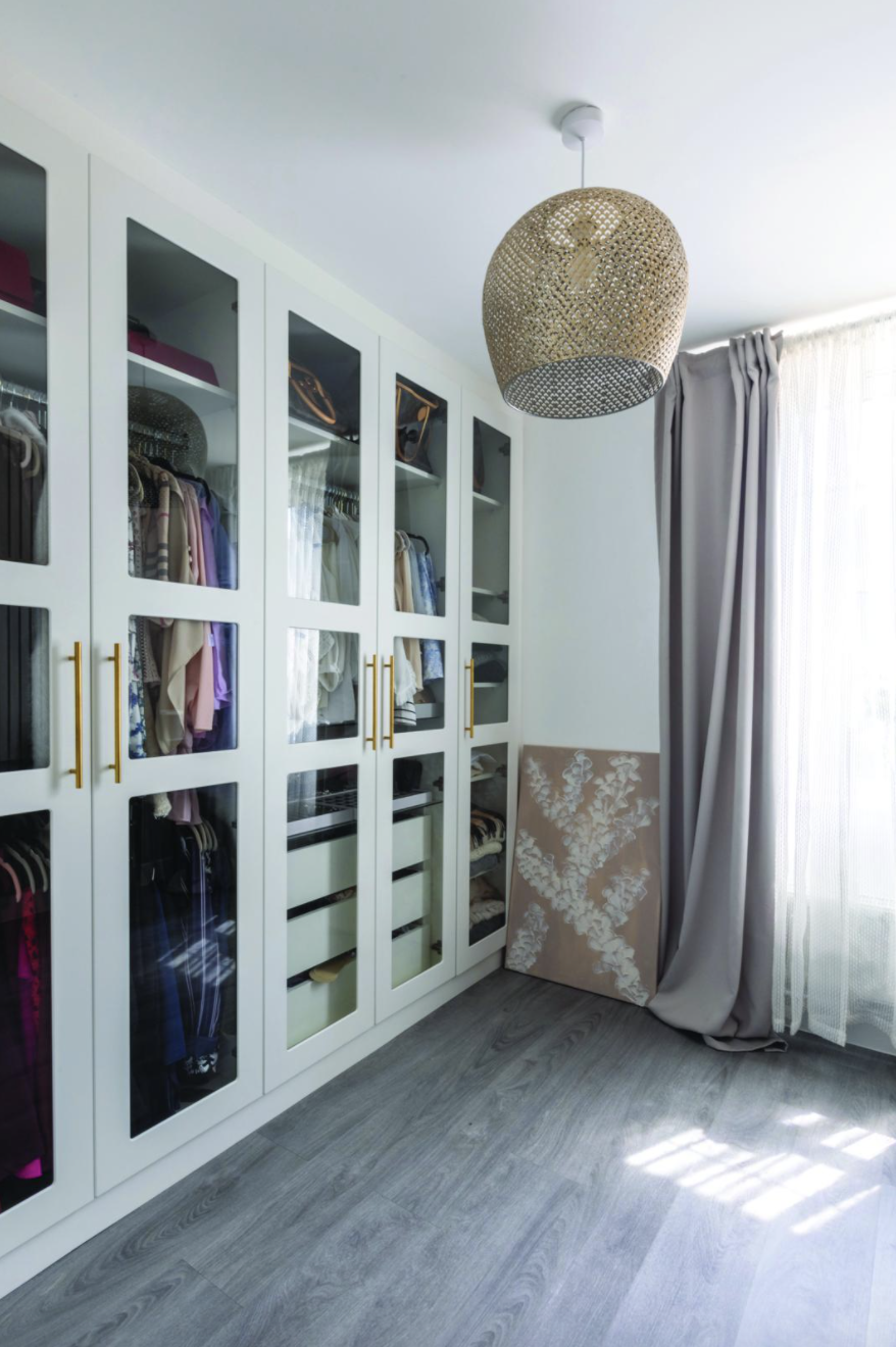 Keep a multi-purpose room light with glass panels on built-in wardrobes, like Yooni has in her office and dressing room. She painted the coral design artwork; find her pieces on Instagram @yooniartgallery Keep a multi-purpose room light with glass panels on built-in wardrobes, like Yooni has in her office and dressing room. She painted the coral design artwork; find her pieces on Instagram @yooniartgallery