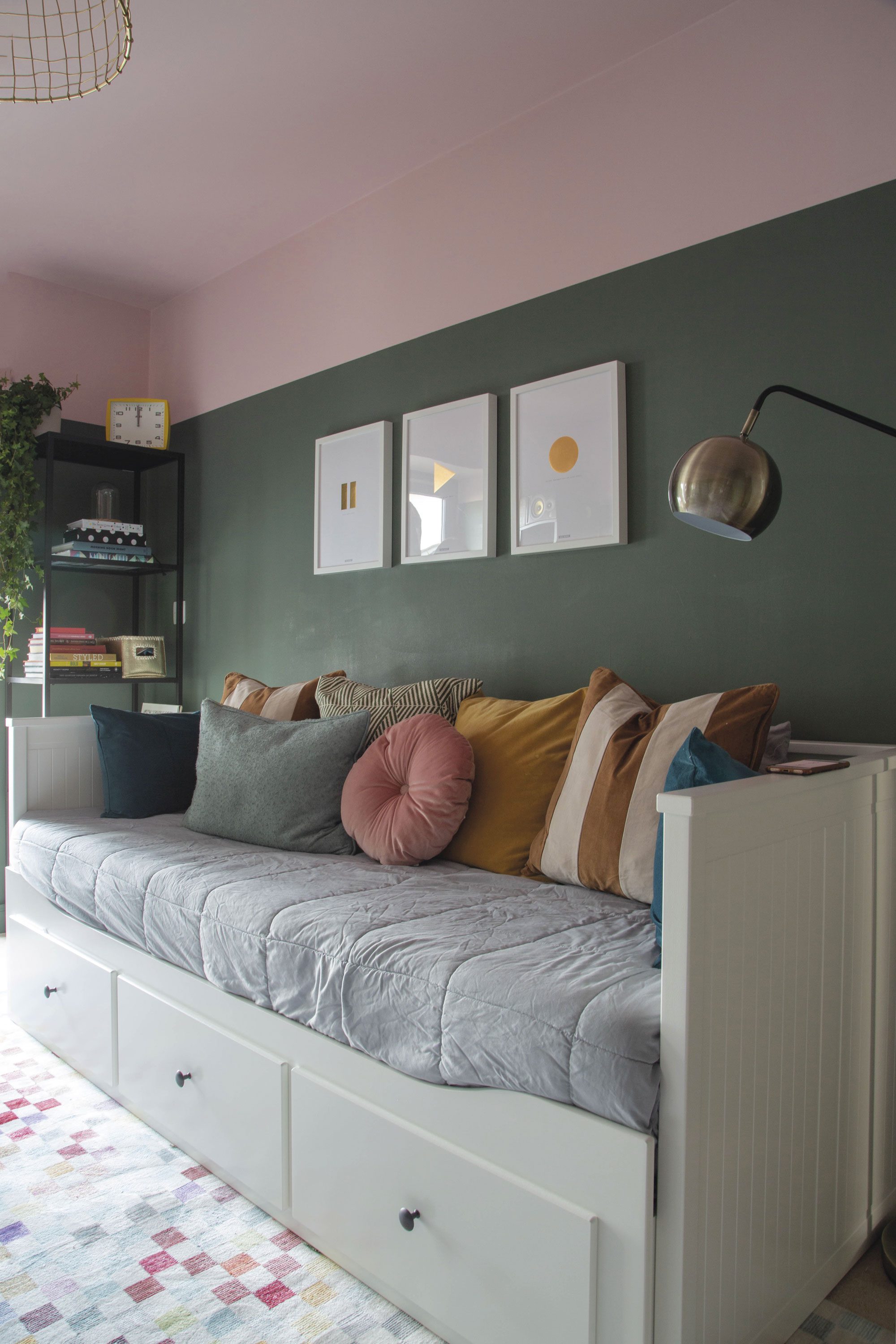 ‘Before, this room had Matthew Williamson wallpaper and a brass bed,’ Elaine remembers. ‘I painted the ceiling in Confetti and the walls in Ho Ho Green by Little Greene.’