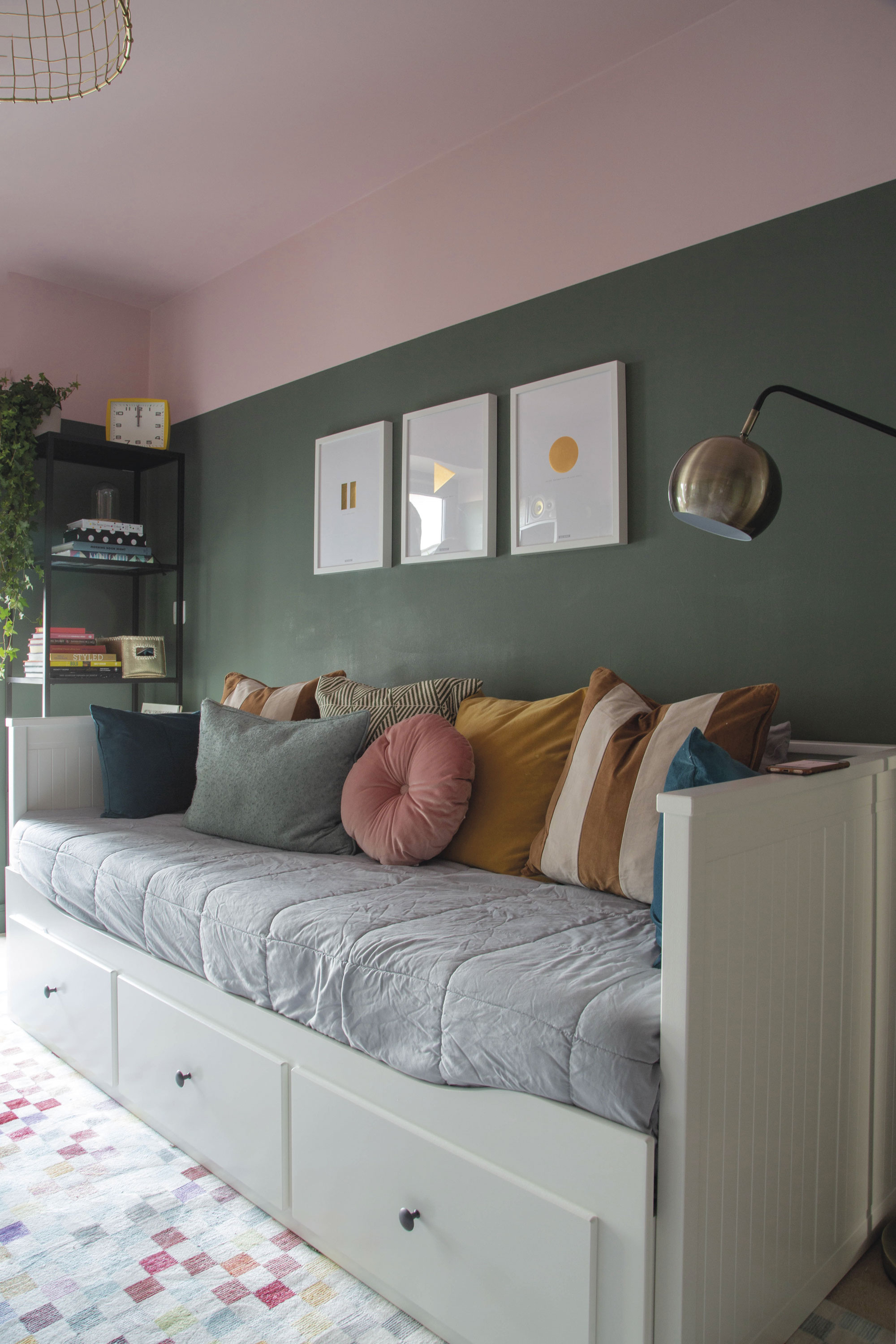 ‘Before, this room had Matthew Williamson wallpaper and a brass bed,’ Elaine remembers. ‘I painted the ceiling in Confetti and the walls in Ho Ho Green by Little Greene.’