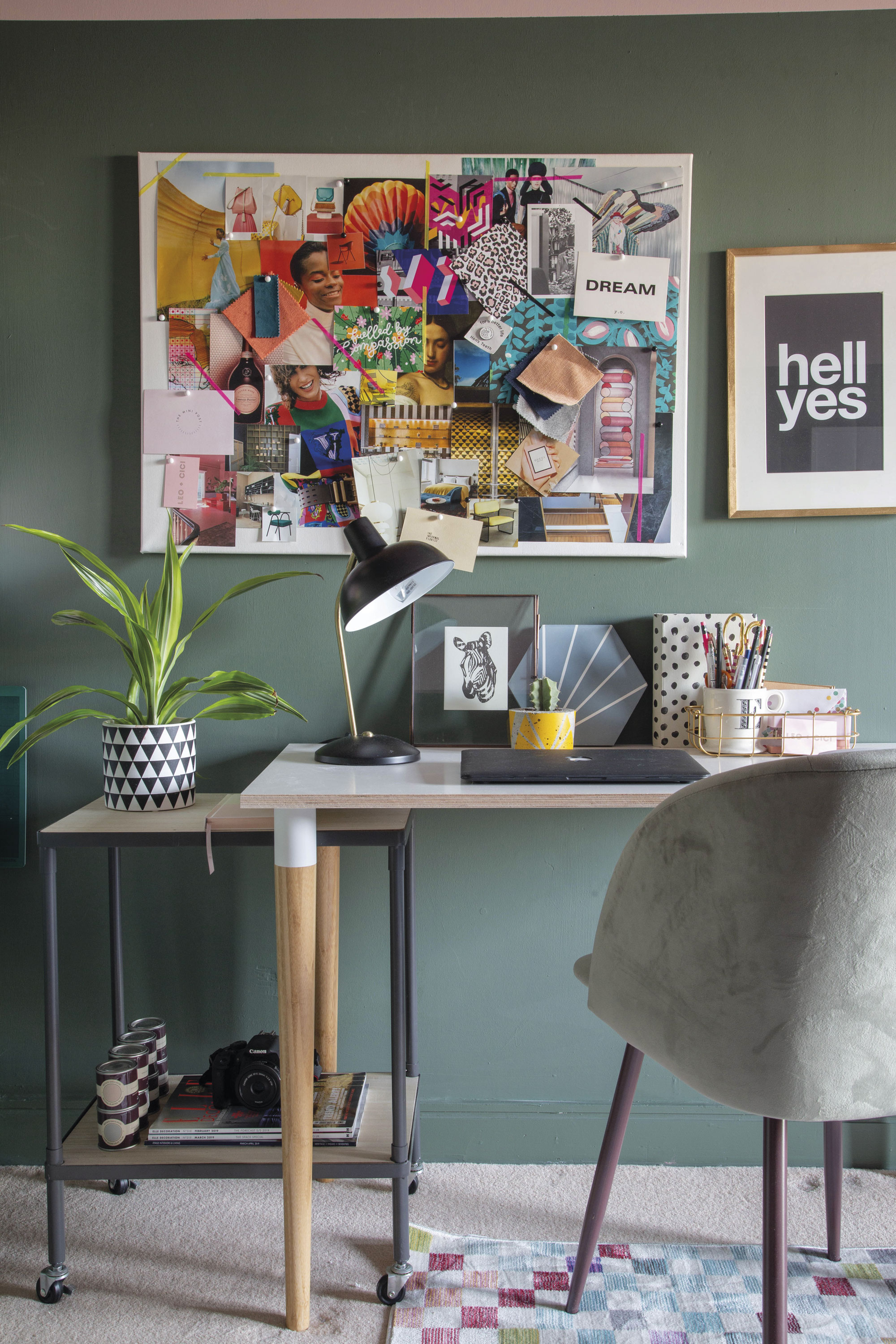 ‘Before Simon moved in, this used to be my bedroom,’ Elaine says. ‘Last year, when Arthur moved into his own room, we revamped this space to accommodate both my work area and Simon’s music. We added a day bed for overnight guests.’