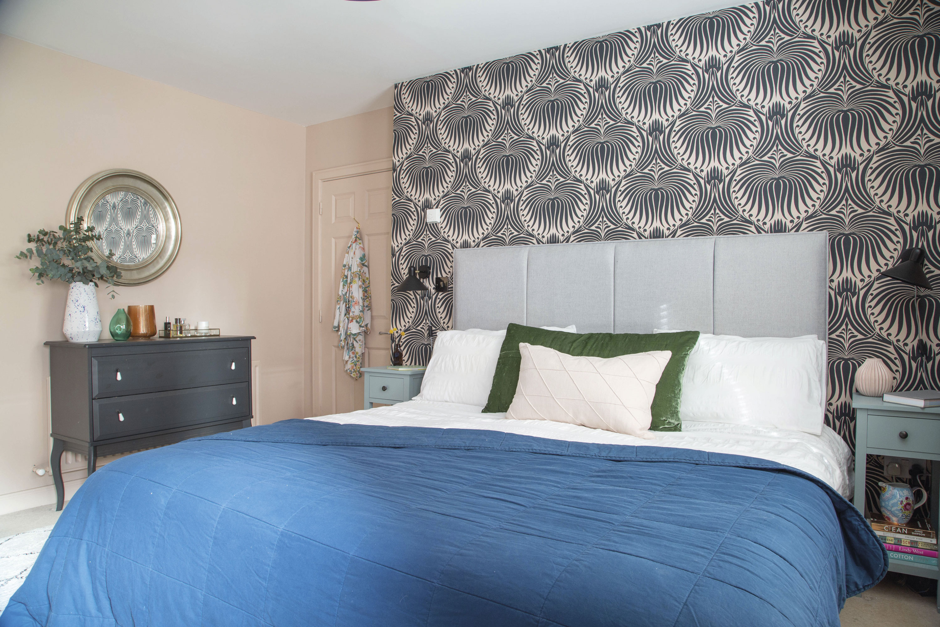 ‘Before, the master was inky blue. After we had Arthur it became a bit of a tip, piled high with baby paraphernalia, so when he moved into his own room we were quick to restore it into a more grown-up bedroom,’ says Elaine. ‘I went for a calming scheme using Farrow & Ball’s Setting Plaster paint and Lotus wallpaper for contrast.’