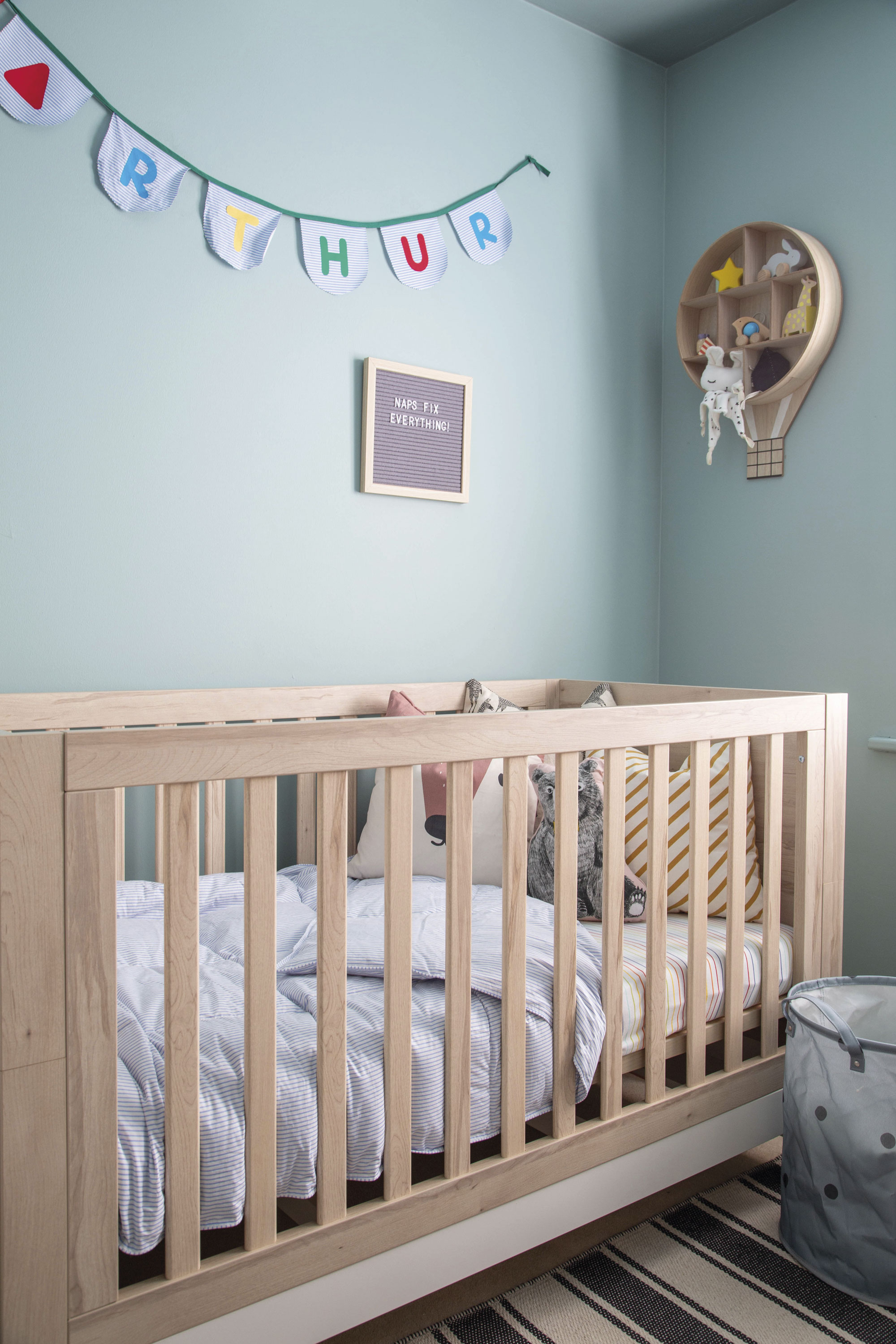 ‘This used to be Simon’s studio, but he had to vacate it when it was time for Arthur to have his own room,’ says Elaine. ‘I painted the whole room in Farrow & Ball’s Dix Blue, then created a cool effect on the ceiling using Oval Room Blue and a white gloss.’