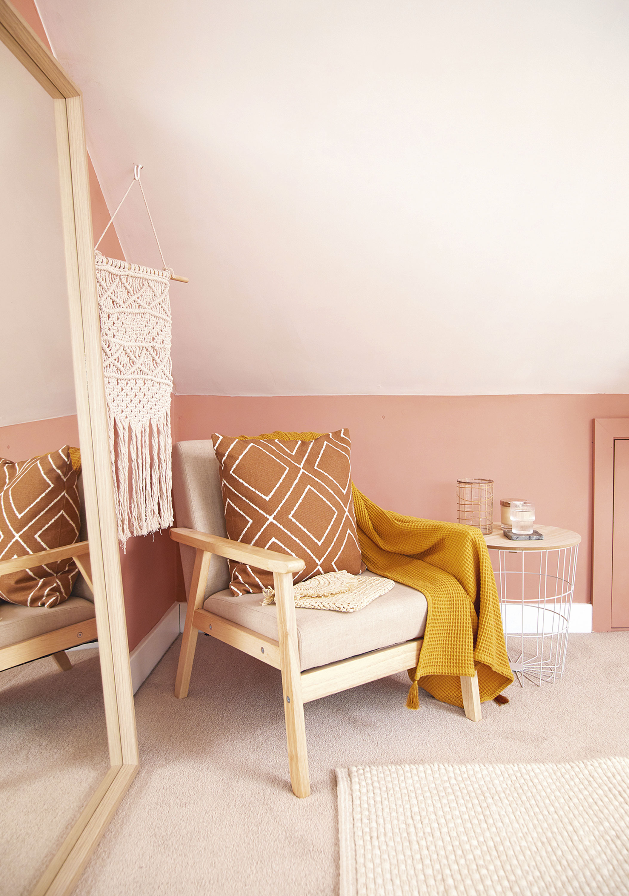'DIY hacks have saved us a fortune' ‘We knew we wanted this room to be bright but also cosy, so we chose a paint colour that was a warm take on a newly plastered wall effect. The chair is from eBay and helps create a relaxing corner’