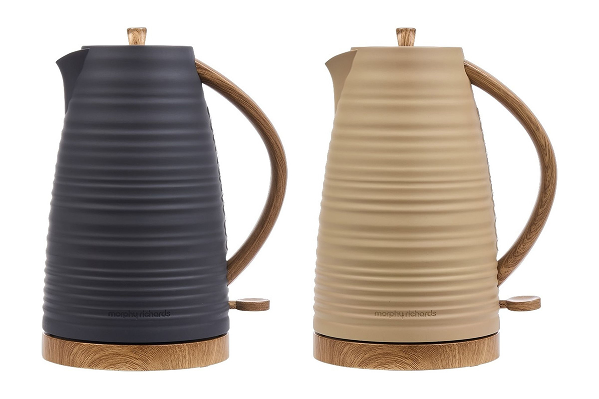 Two Morphy Richards kettles, one in dark grey and the other in brown, against a white background