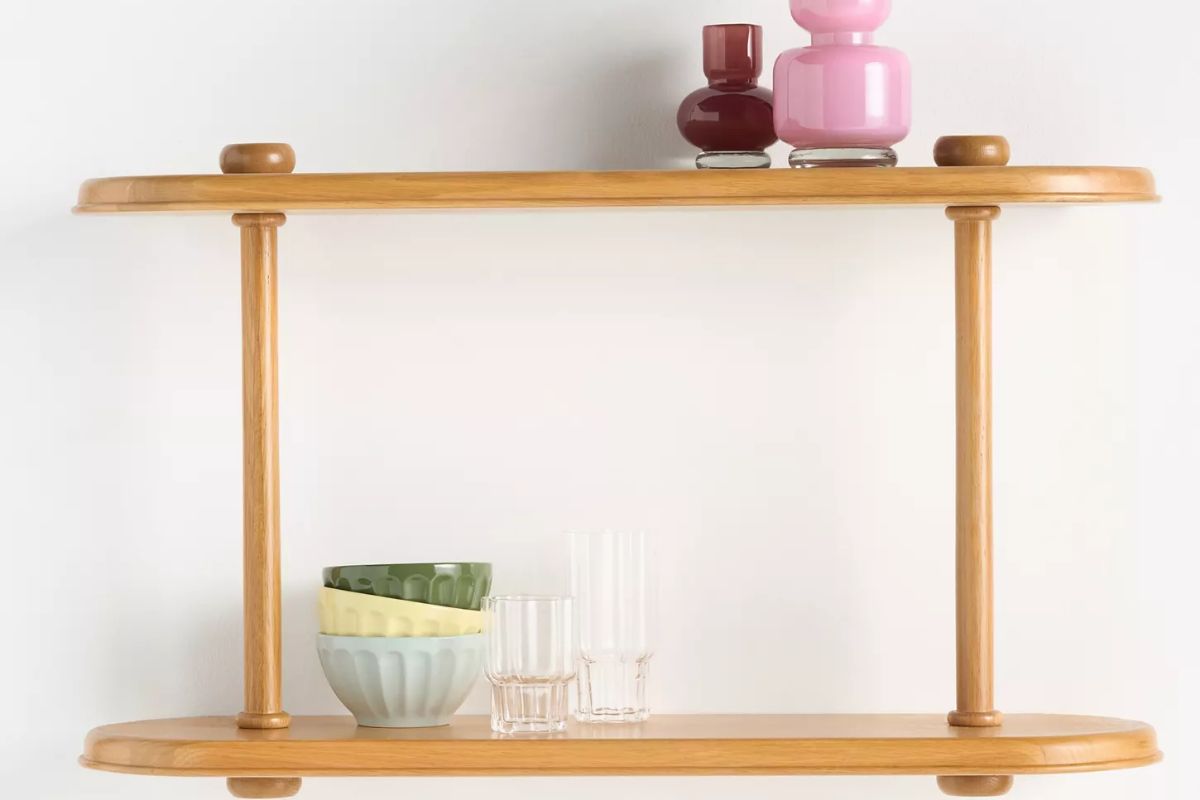 Two-tier oak shelving unit 
