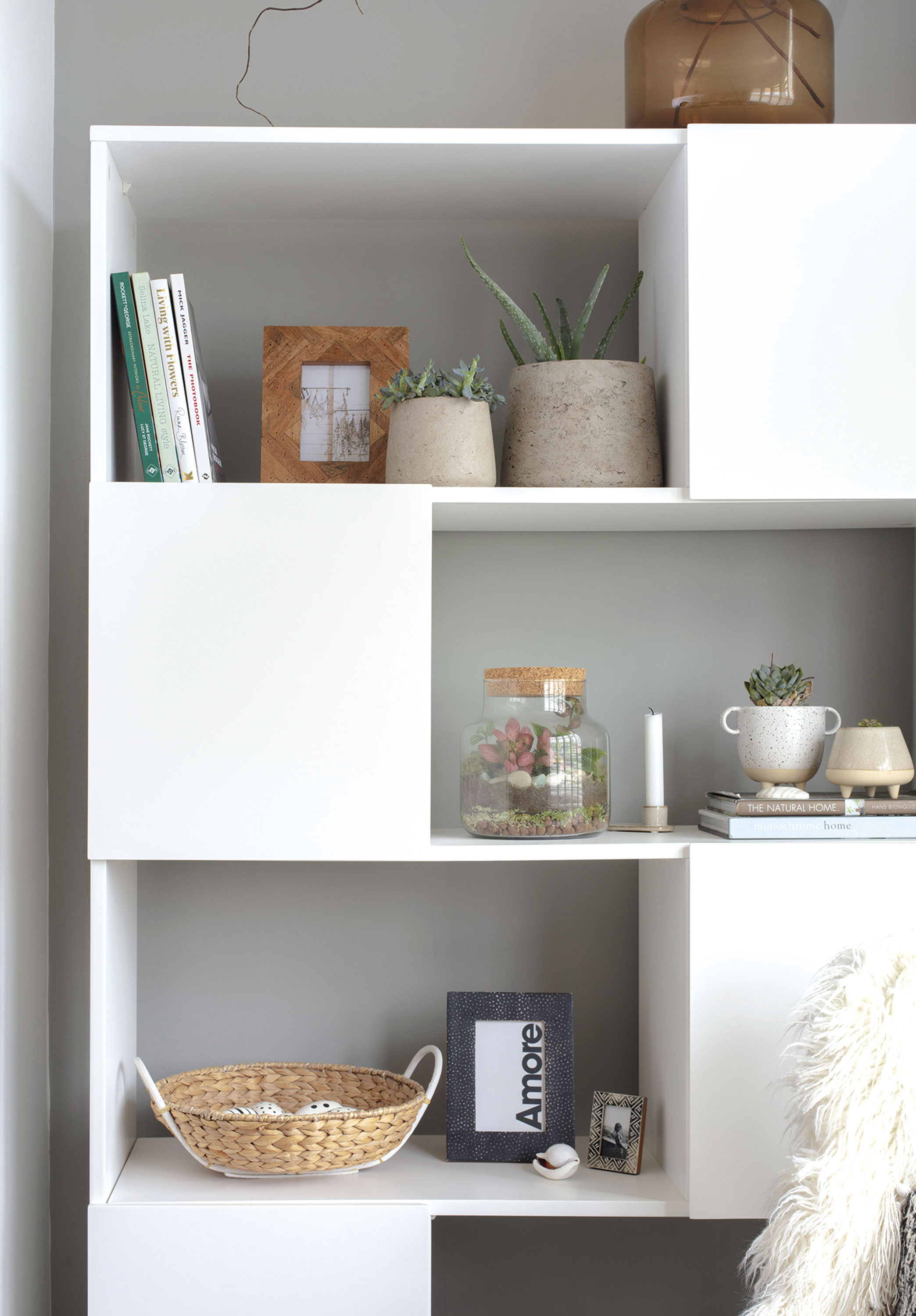 The Arctic bookcase from Maisons du Monde fits in with the Scandi scheme and provides extra space for Yoko to display plants, books and treasured finds The Arctic bookcase from Maisons du Monde fits in with the Scandi scheme and provides extra space for Yoko to display plants, books and treasured finds