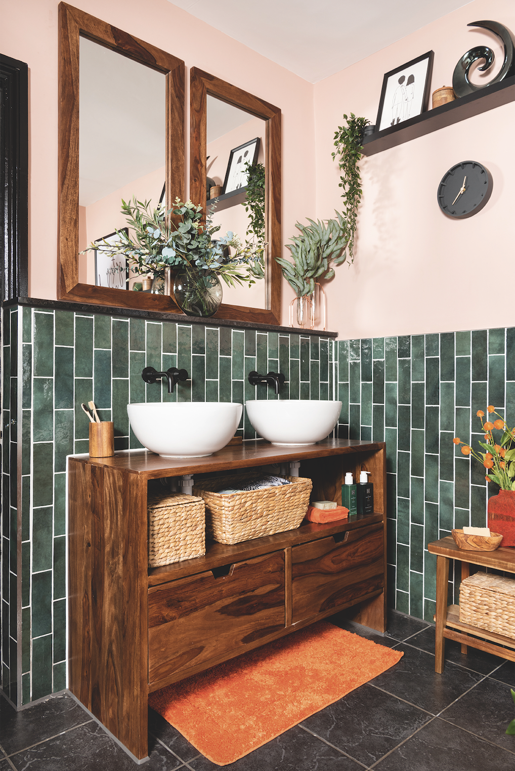 Screenshot 2022-01-19 at 15.10.32 Anthea drew her layout on square paper first, so she knew she’d have space for a double vanity. ‘I chose this wooden unit because I felt the room needed a bit of texture to balance all the hard fixtures and fittings,’ she says
