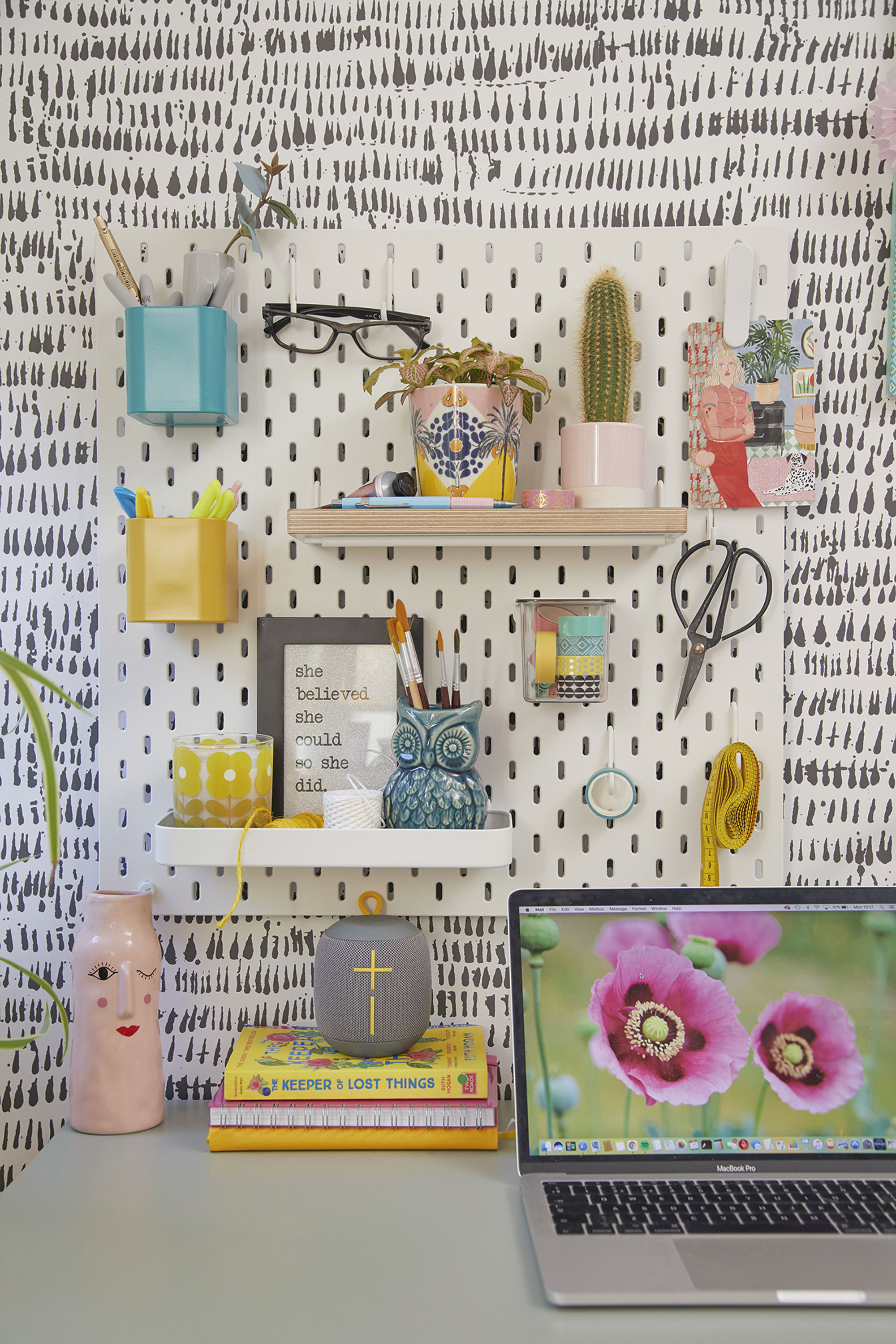 'My small home office has all I need' These IKEA pegboards are easy to customise so you can choose what accessories you want to suit your needs. Kate asked her desk designer to make a couple of plywood shelves to sit on the metal brackets
