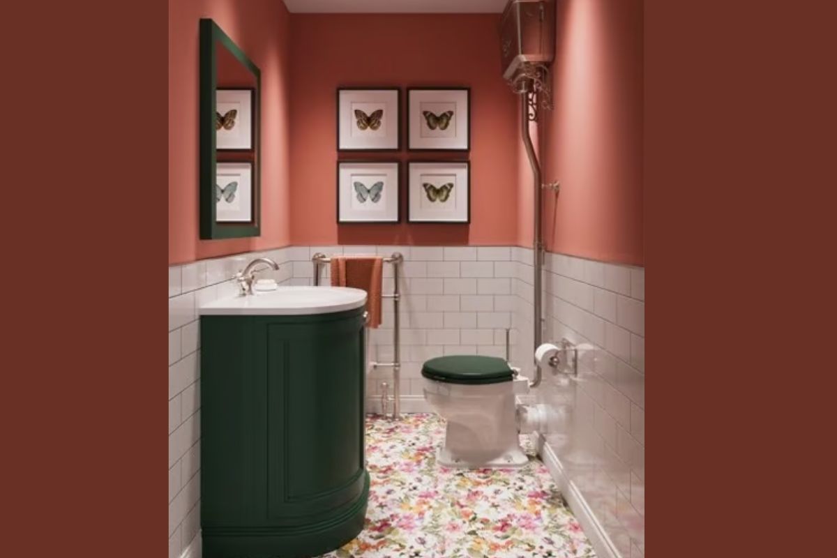 Red bathroom with green furniture