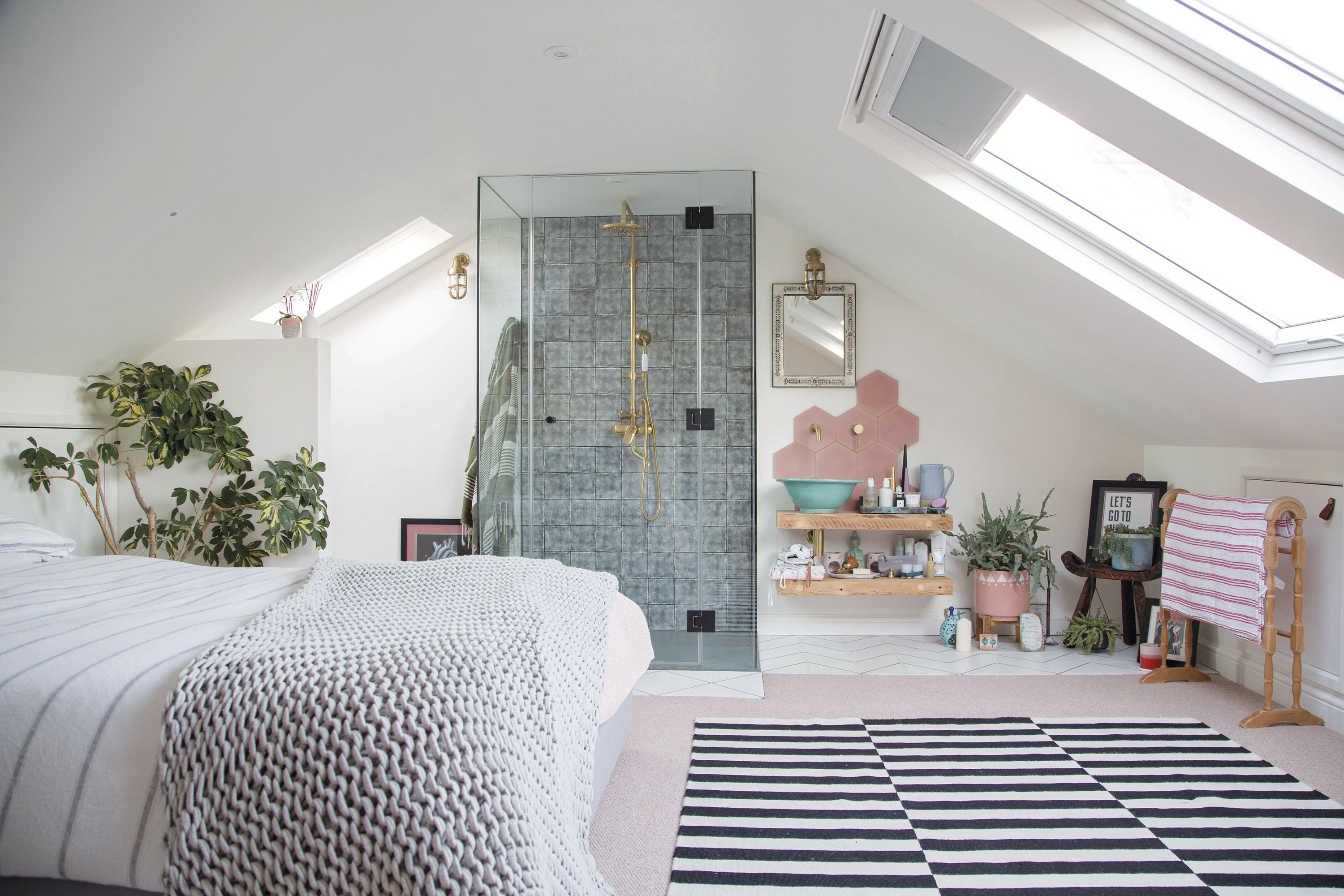 ‘The glass box shower feels incredibly luxurious and really draws the eye to that end of the master bedroom,’ Megan says