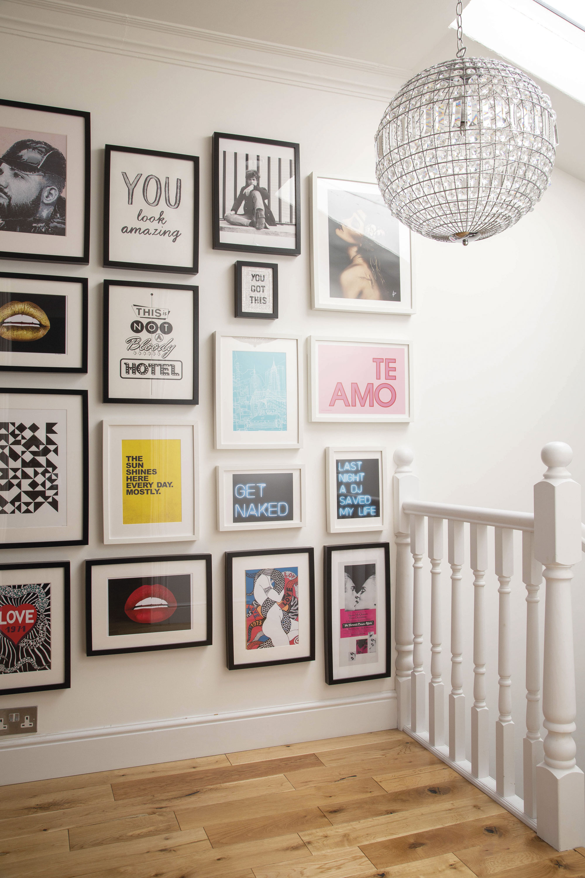 ‘The hall and landing had woodchip wallpaper that took around 10 days to remove,’ recalls Lesley. ‘We replastered and painted, then I created a gallery wall in the landing using low-cost frames from IKEA. This space gets a lot of love on my Instagram page @lesley_at_home’ ‘The hall and landing had woodchip wallpaper that took around 10 days to remove,’ recalls Lesley.