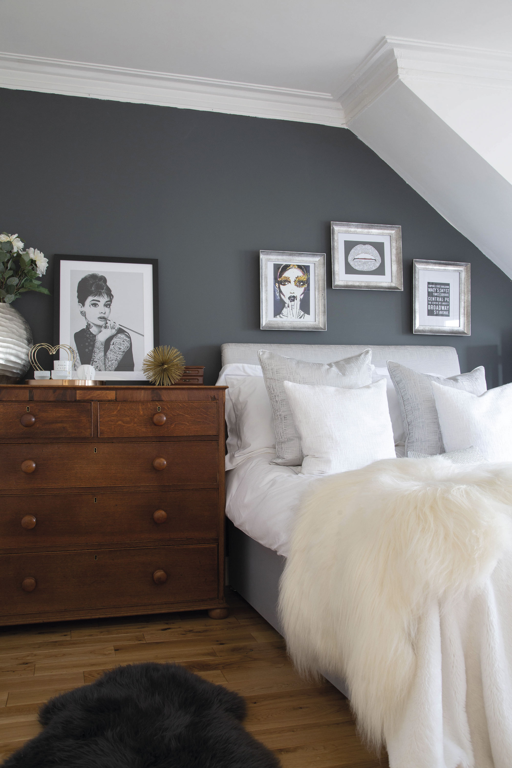 ‘I bought the drawers from Gumtree for £30 and I love how they look against the grey wall,’ says Lesley ‘I bought the drawers from Gumtree for £30 and I love how they look against the grey wall,’ says Lesley