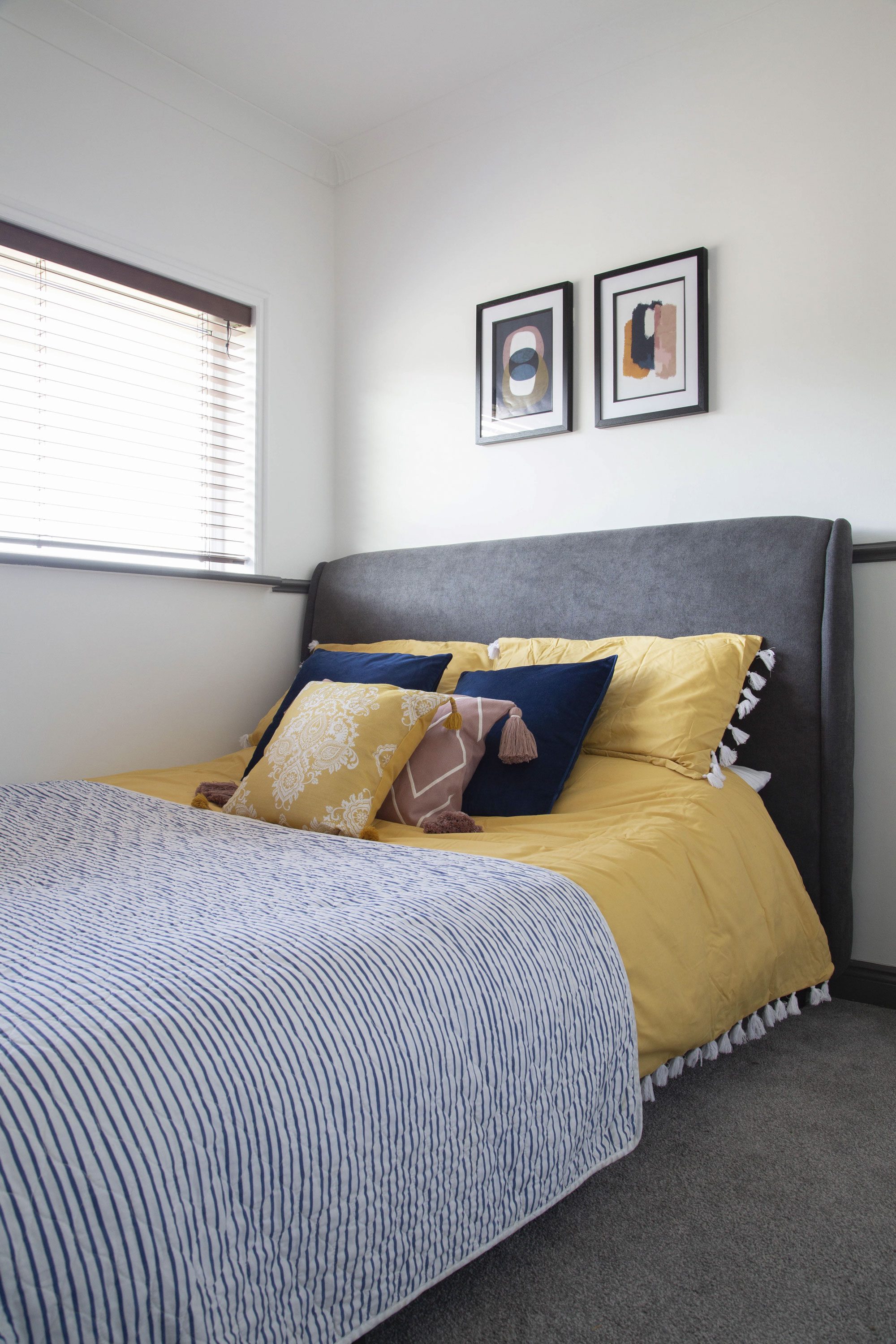 ‘We recently renovated this bedroom to create a nursery for our daughter, Farrah,’ Lynn says. ‘The first time we decorated we chose to keep this space really simple and pared-back so that it would be quick and easy to transition if and when I became pregnant’ ‘We recently renovated this bedroom to create a nursery for our daughter, Farrah,’ Lynn says. ‘The first time we decorated we chose to keep this space really simple and pared-back so that it would be quick and easy to transition if and when I became pregnant’