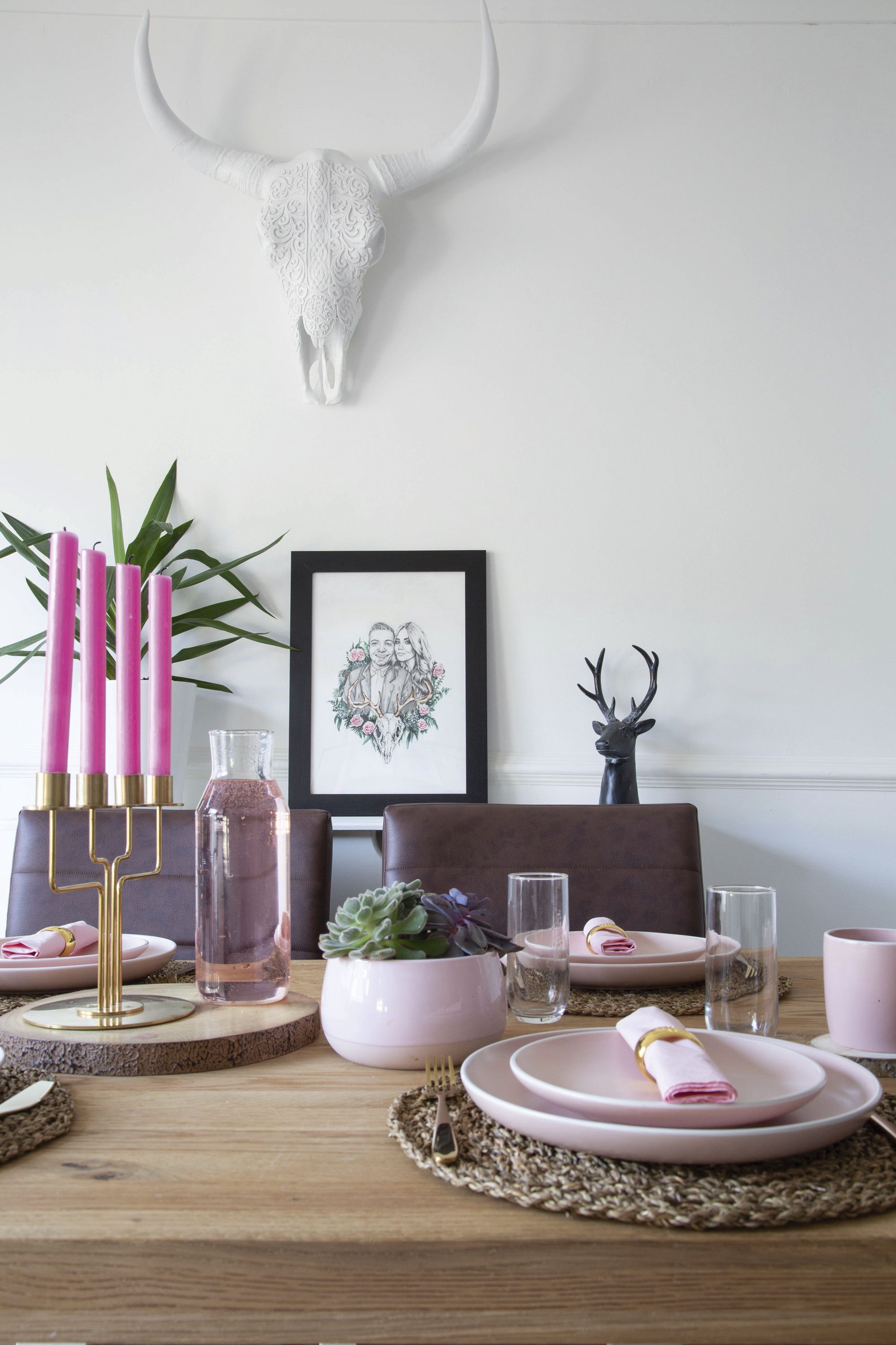 ‘I love the faux white buffalo skull against the white wall,’ Lynn says. ‘It adds a subtle rustic touch to the room’ ‘I love the faux white buffalo skull against the white wall,’ Lynn says. ‘It adds a subtle rustic touch to the room’