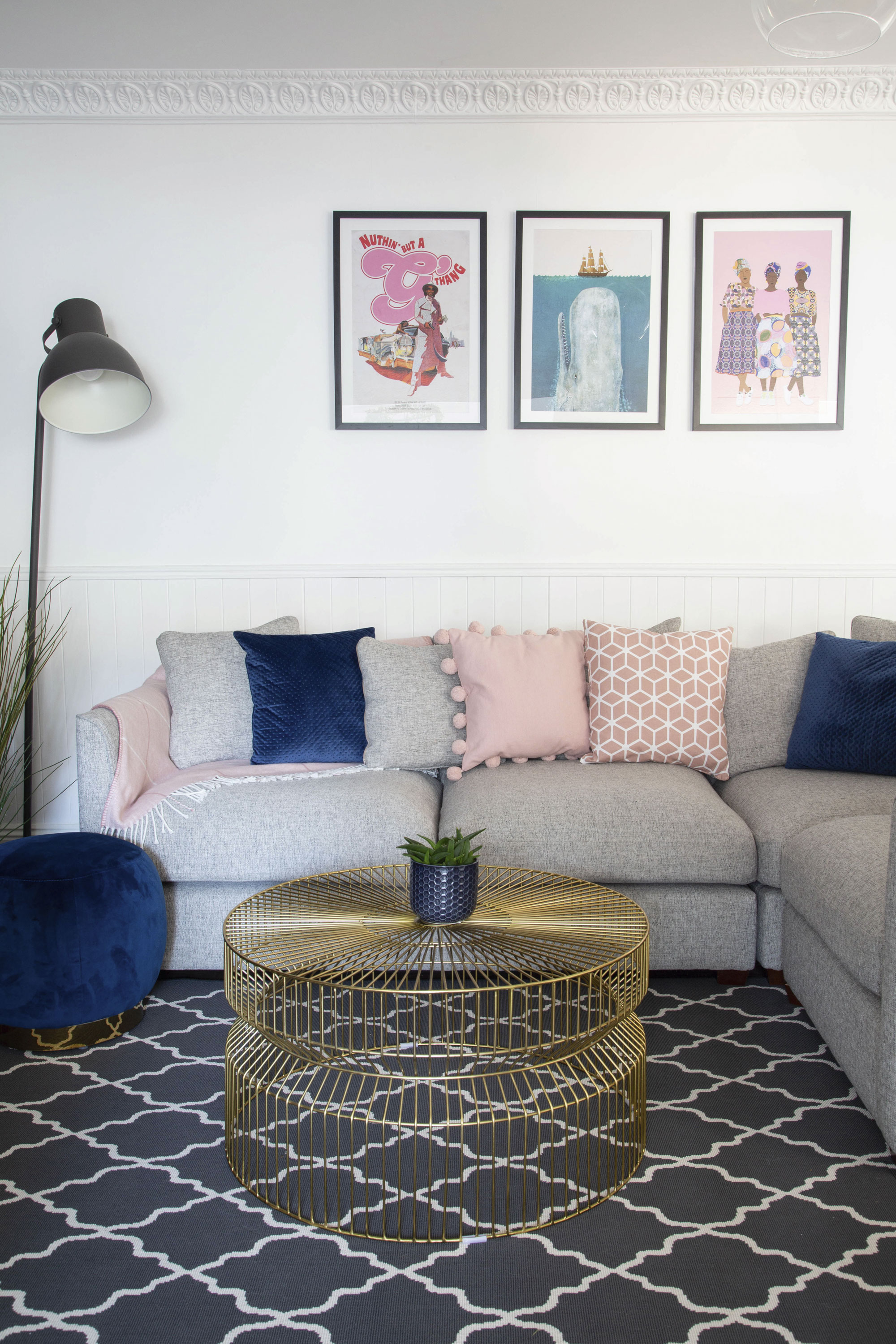 ‘I wanted to incorporate some of the colours from the kitchen into this room so that it worked as a joint living space,’ Lynn says. ‘There’s no door between the kitchen, dining room and living area so the spaces all need to work together’ ‘I wanted to incorporate some of the colours from the kitchen into this room so that it worked as a joint living space,’ Lynn says. ‘There’s no door between the kitchen, dining room and living area so the spaces all need to work together’