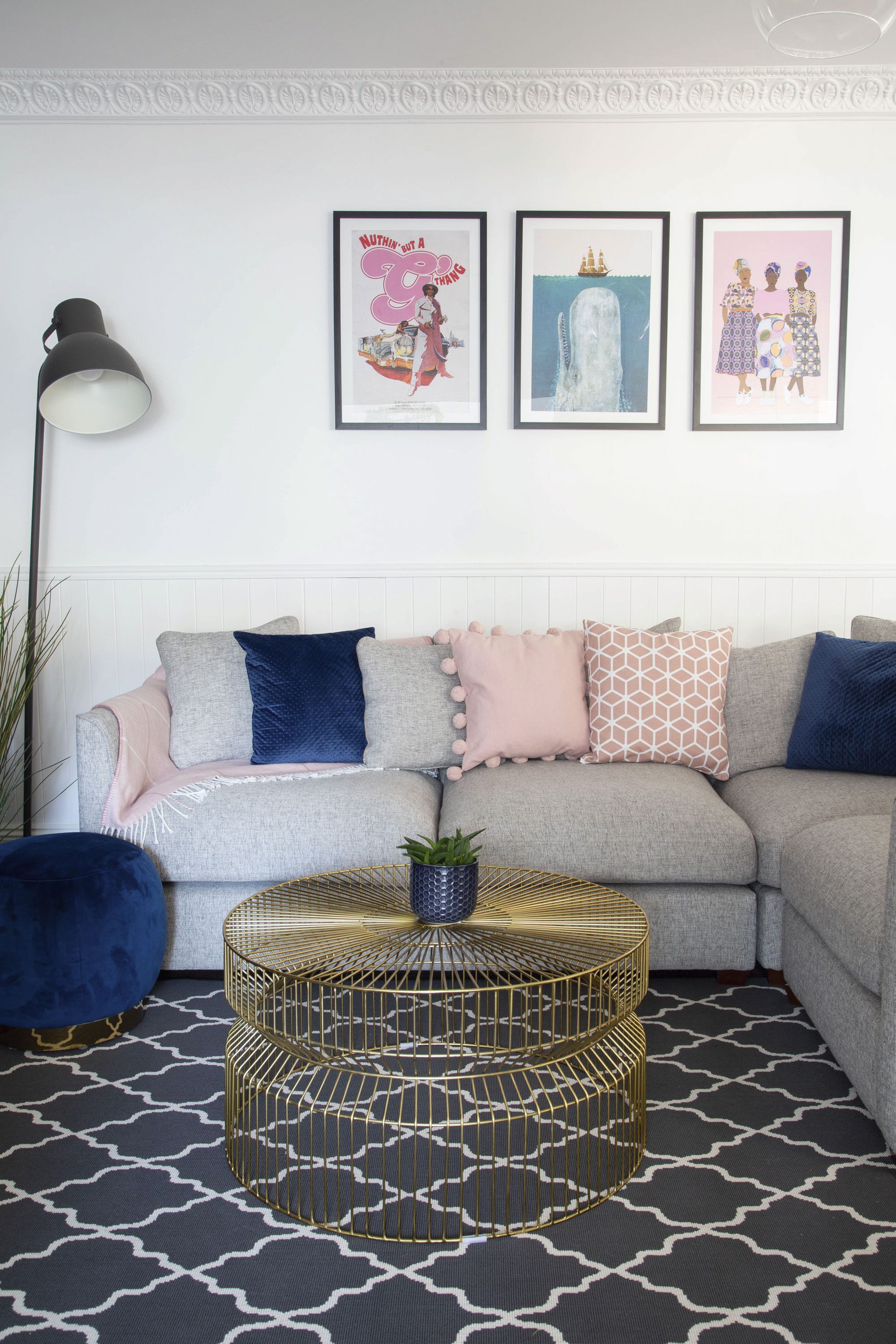 ‘I wanted to incorporate some of the colours from the kitchen into this room so that it worked as a joint living space,’ Lynn says. ‘There’s no door between the kitchen, dining room and living area so the spaces all need to work together’ ‘I wanted to incorporate some of the colours from the kitchen into this room so that it worked as a joint living space,’ Lynn says. ‘There’s no door between the kitchen, dining room and living area so the spaces all need to work together’