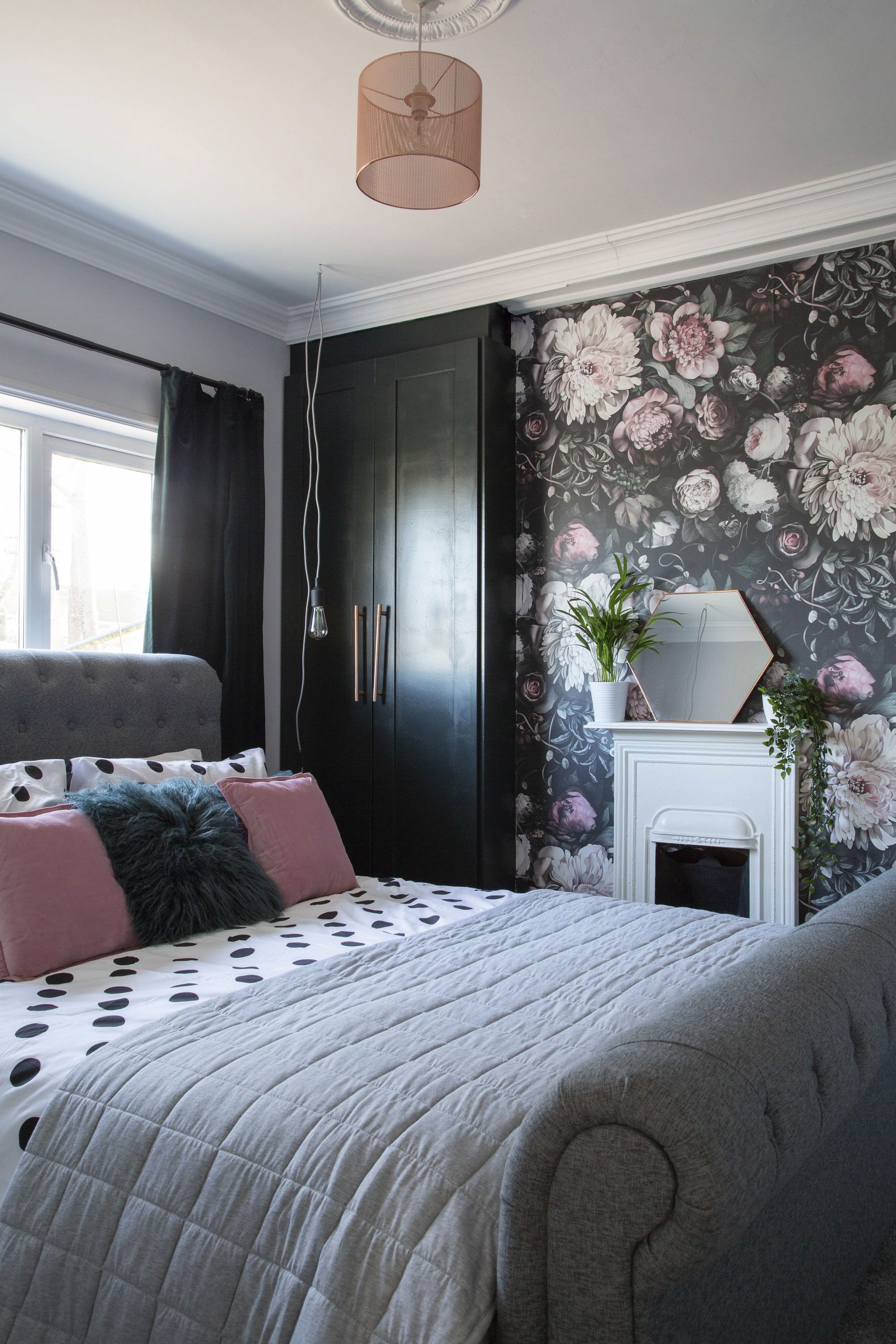 Lynn found her maximalist wallpaper on Etsy from a supplier called Murwall, and she painted the wardrobe doors in the complementary hue of Studio Green by Farrow & Ball. ‘I bought the bedside hanging lights for €13 each from a vintage shop in Dublin,’ Lynn says. ‘They’re ideal if space is at a premium and there isn’t enough room for bedside tables’ Lynn found her maximalist wallpaper on Etsy from a supplier called Murwall, and she painted the wardrobe doors in the complementary hue of Studio Green by Farrow & Ball. ‘I bought the bedside hanging lights for €13 each from a vintage shop in Dublin,’ Lynn says. ‘They’re ideal if space is at a premium and there isn’t enough room for bedside tables’