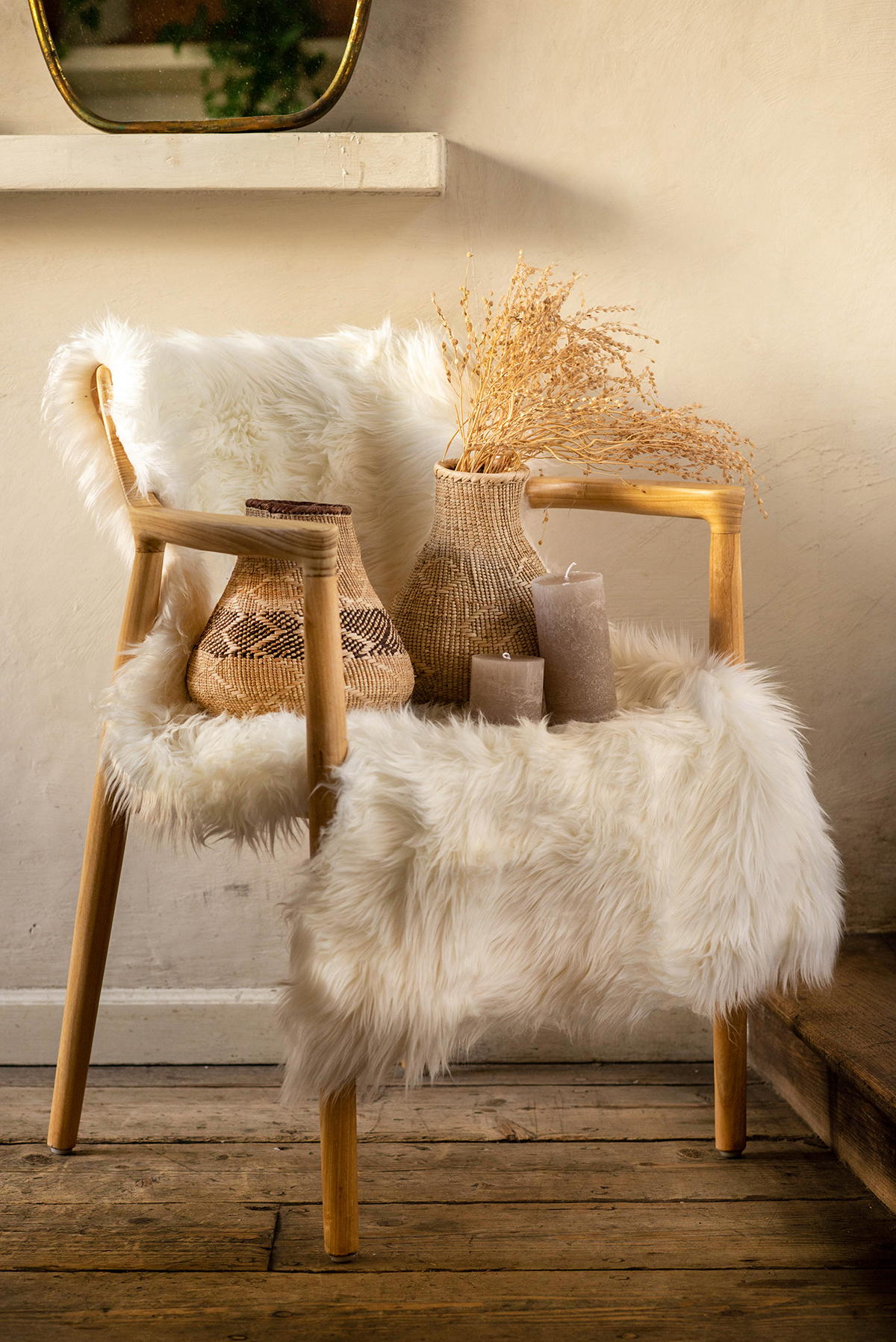 Faux sheepskin throw on a chair