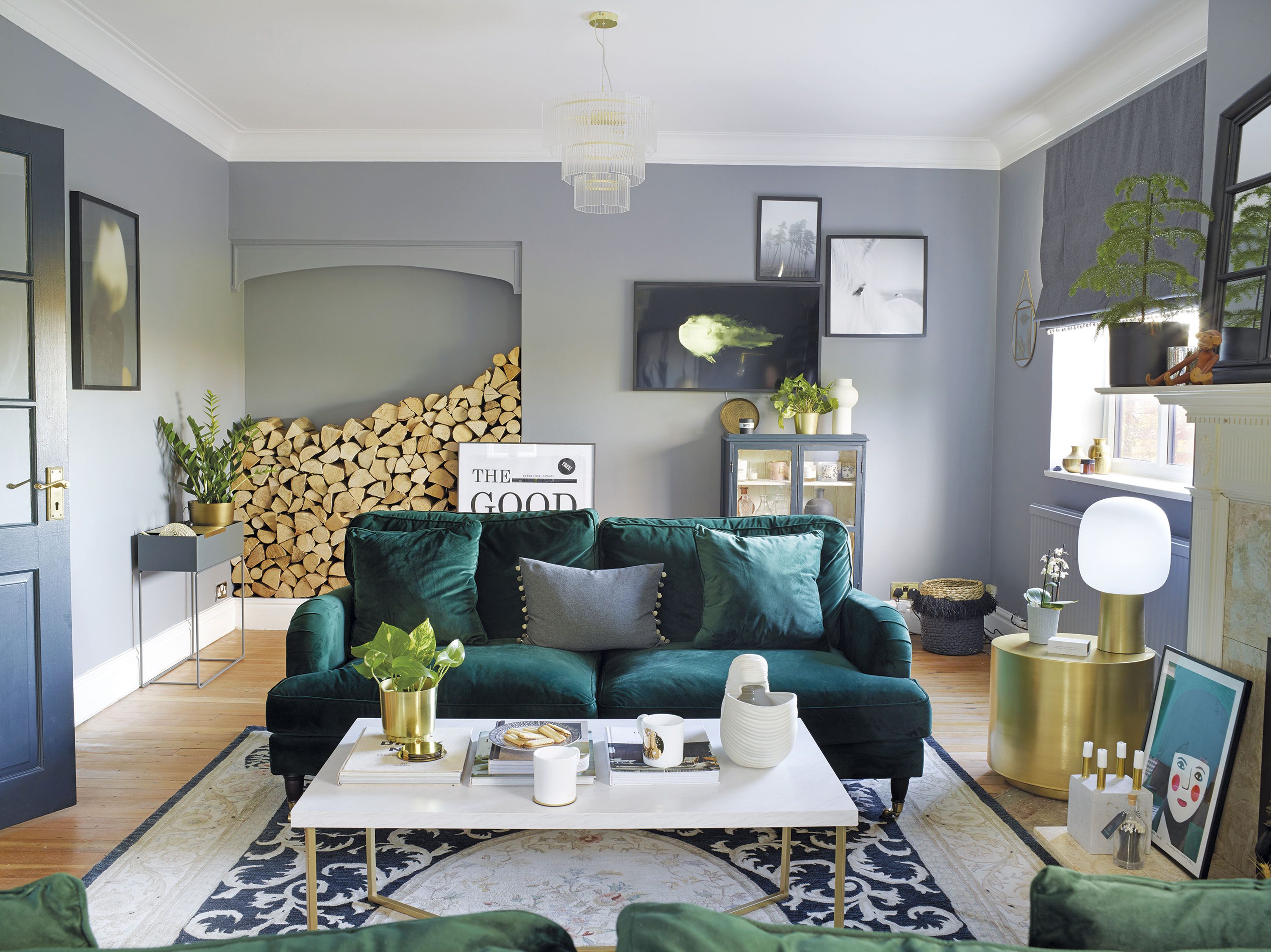 A pair of Rupert three-seater sofas from Dunelm adds a sumptuous feel to the living room, with plenty of space for guests to sit. A Gooch rug and marble coffee table adds to the decadent feel, with walls painted in Double Empire Grey by Zoffany providing a glamorous backdrop for the cocktail hour vibe A pair of Rupert three-seater sofas from Dunelm adds a sumptuous feel to the living room, with plenty of space for guests to sit. A Gooch rug and marble coffee table adds to the decadent feel, with walls painted in Double Empire Grey by Zoffany providing a glamorous backdrop for the cocktail hour vibe