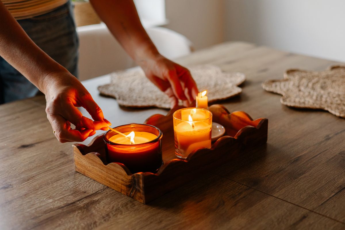 Lit candles on a table