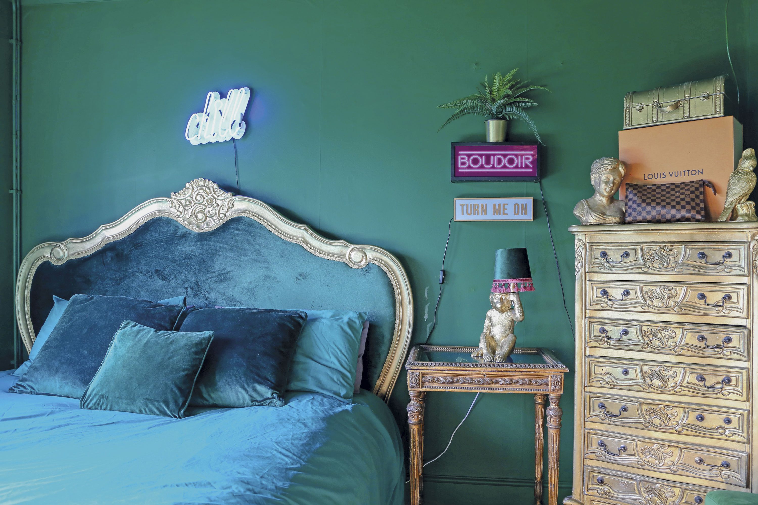 ‘I’ve had this bed frame for years,’ Hayley says. ‘It was a cream colour when I first got it, and the headboard was just plain wood. I decided to paint it gold and upholster the headboard in velvet fabric for a luxe look’ ‘I’ve had this bed frame for years,’ Hayley says. ‘It was a cream colour when I first got it, and the headboard was just plain wood. I decided to paint it gold and upholster the headboard in velvet fabric for a luxe look’